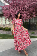 Luxuii Floral Print Short Sleeve V Neck High Waist Boho Dress