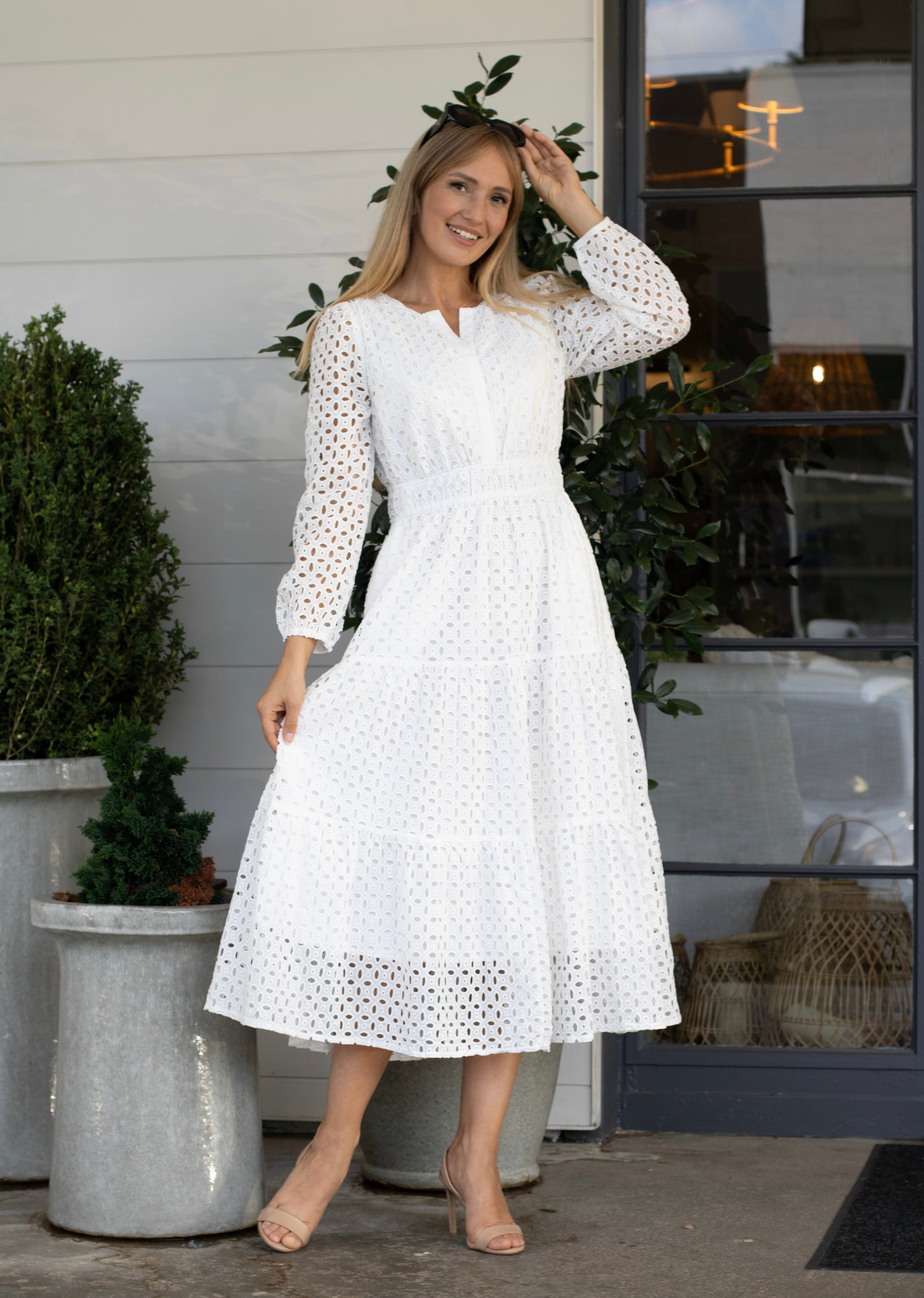 Luxuii V Neck Hollow Out Eyelet A Line Long Flowy Party Dresses