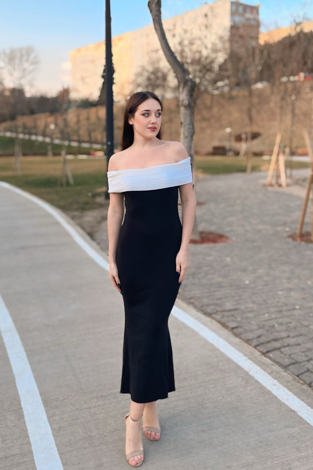Luxuii Off The Shoulder Bodycon Block Knit Cocktail Party Midi Dress