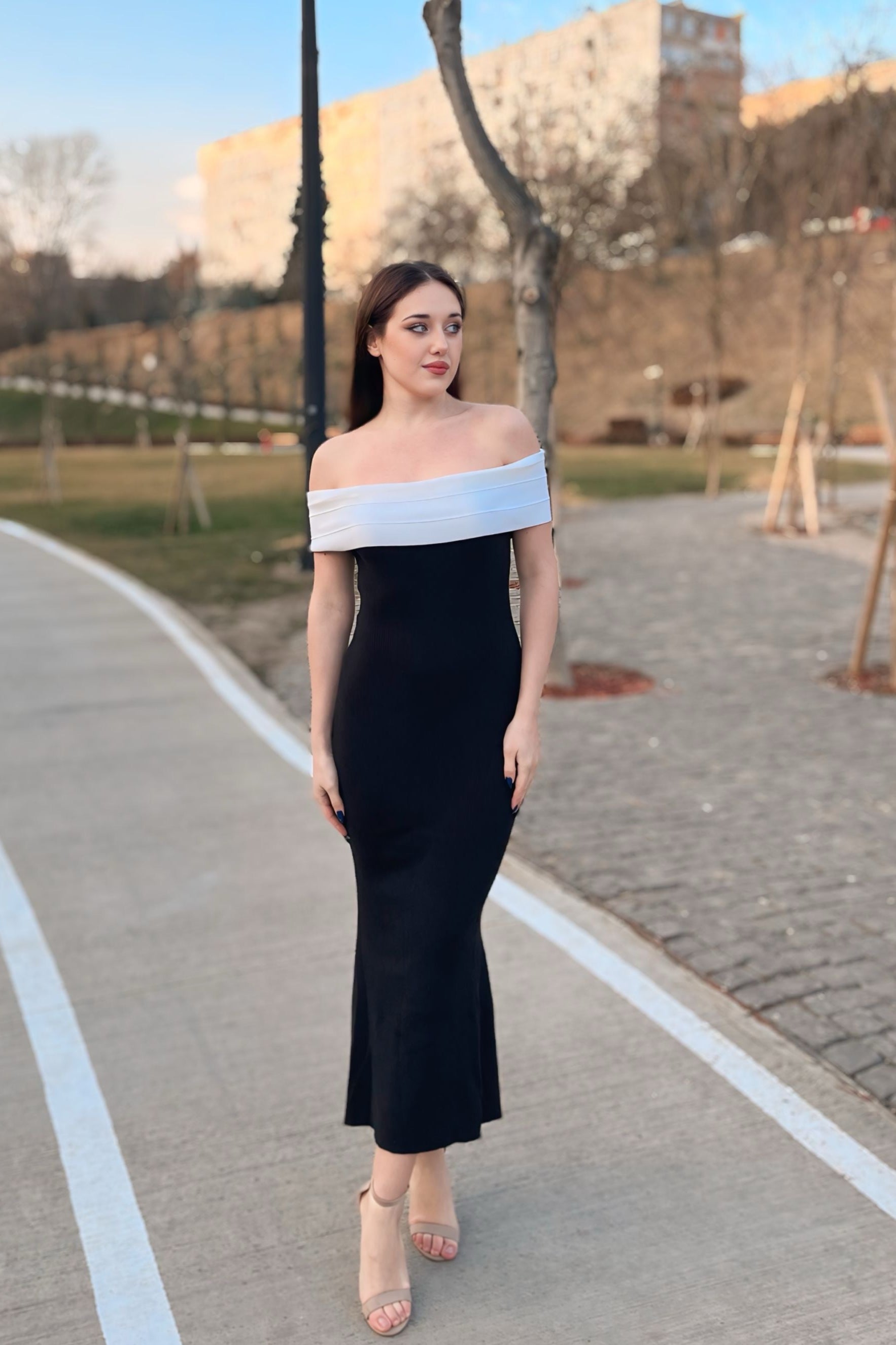 Luxuii Off The Shoulder Bodycon Block Knit Cocktail Party Midi Dress