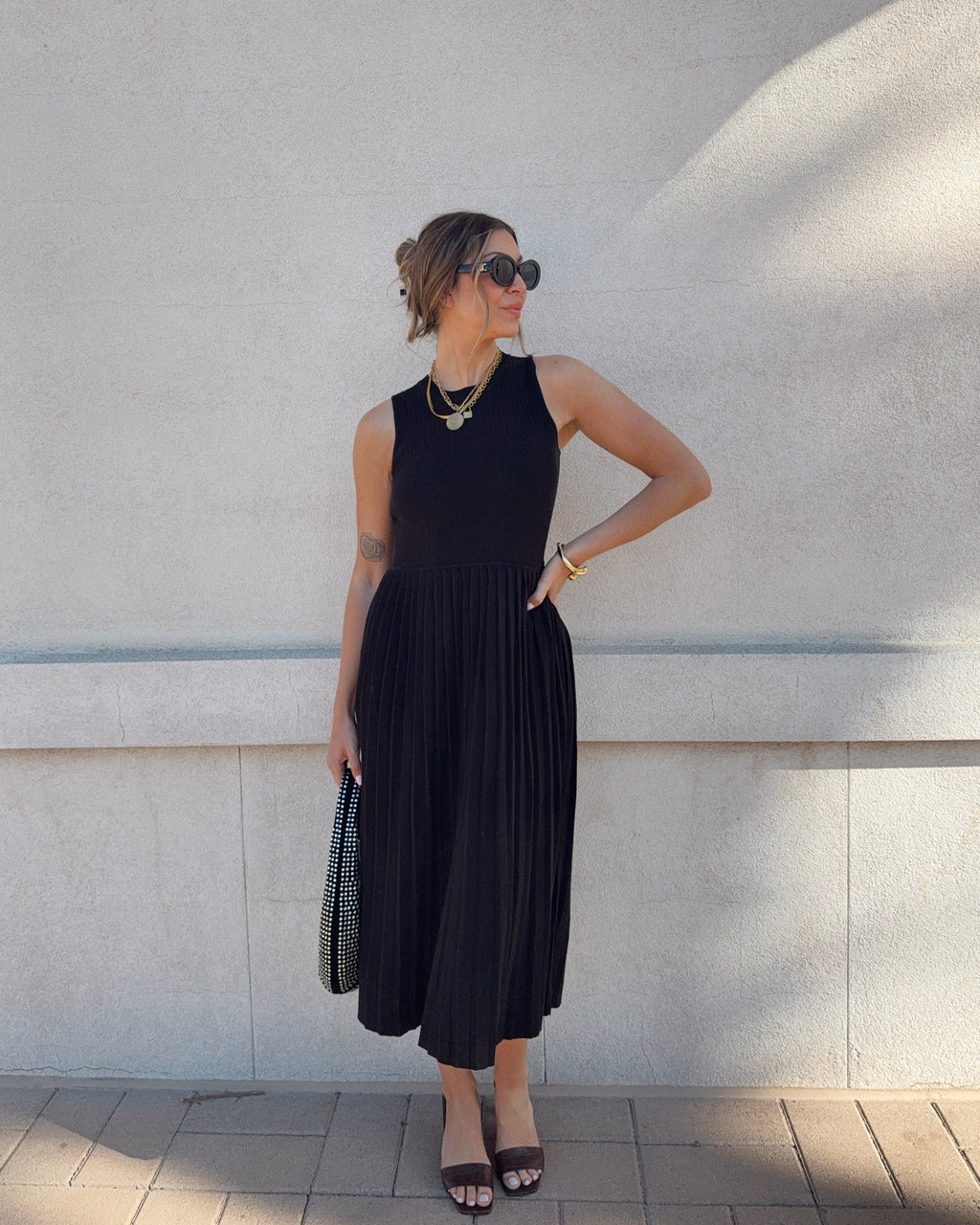 Luxuii Casual Crewneck Ribbed Knit Pleated A Line Swing Dress