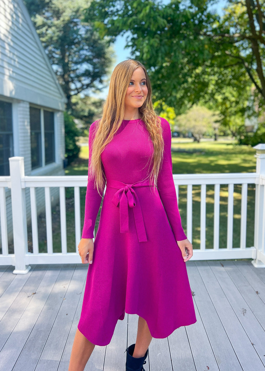 Luxuii Crewneck Ribbed Knit High Waist Midi Sweater Dresses