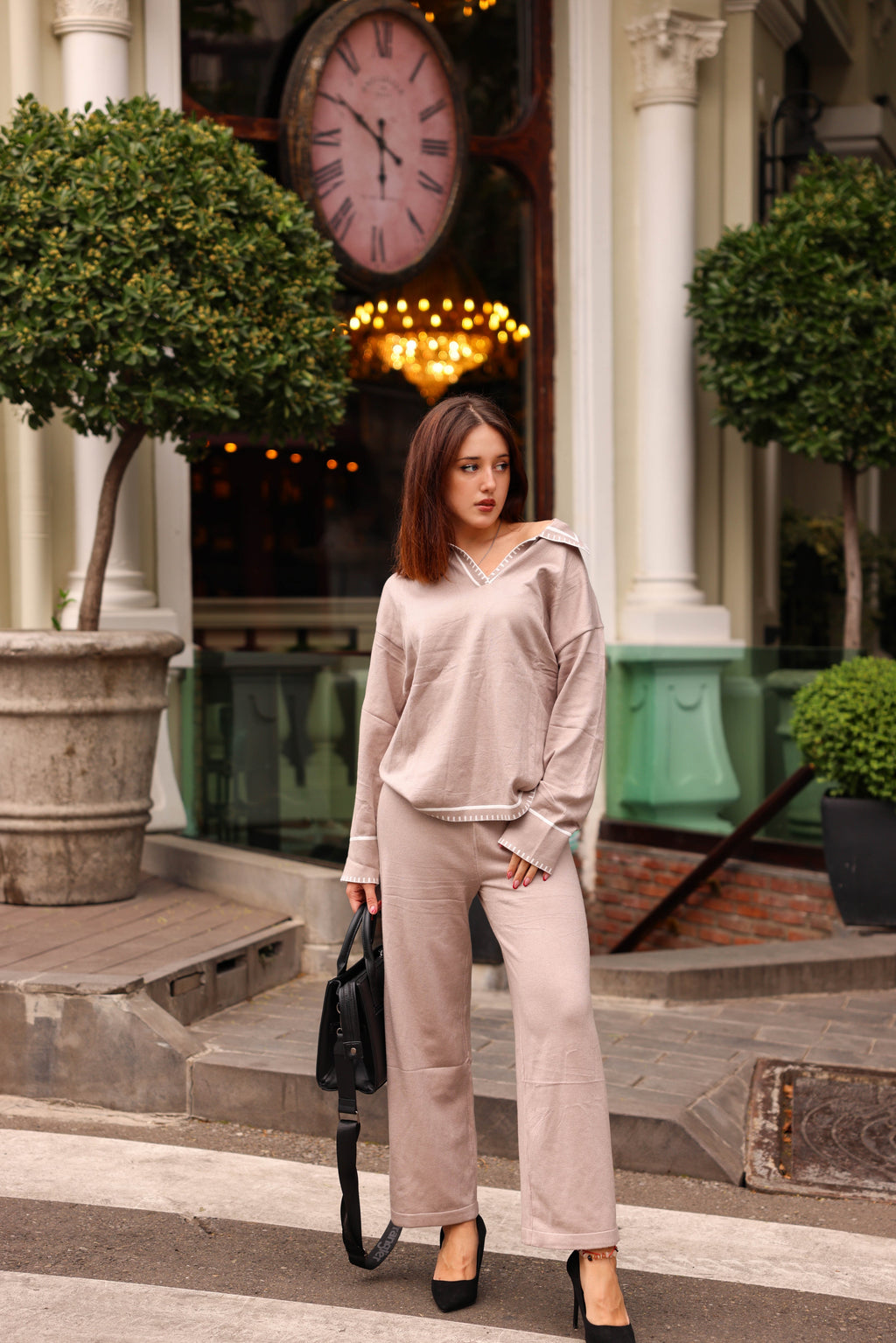 Luxuii V Neck Knit Tops Wide Leg Pants Sweatsuit Lounge Sets