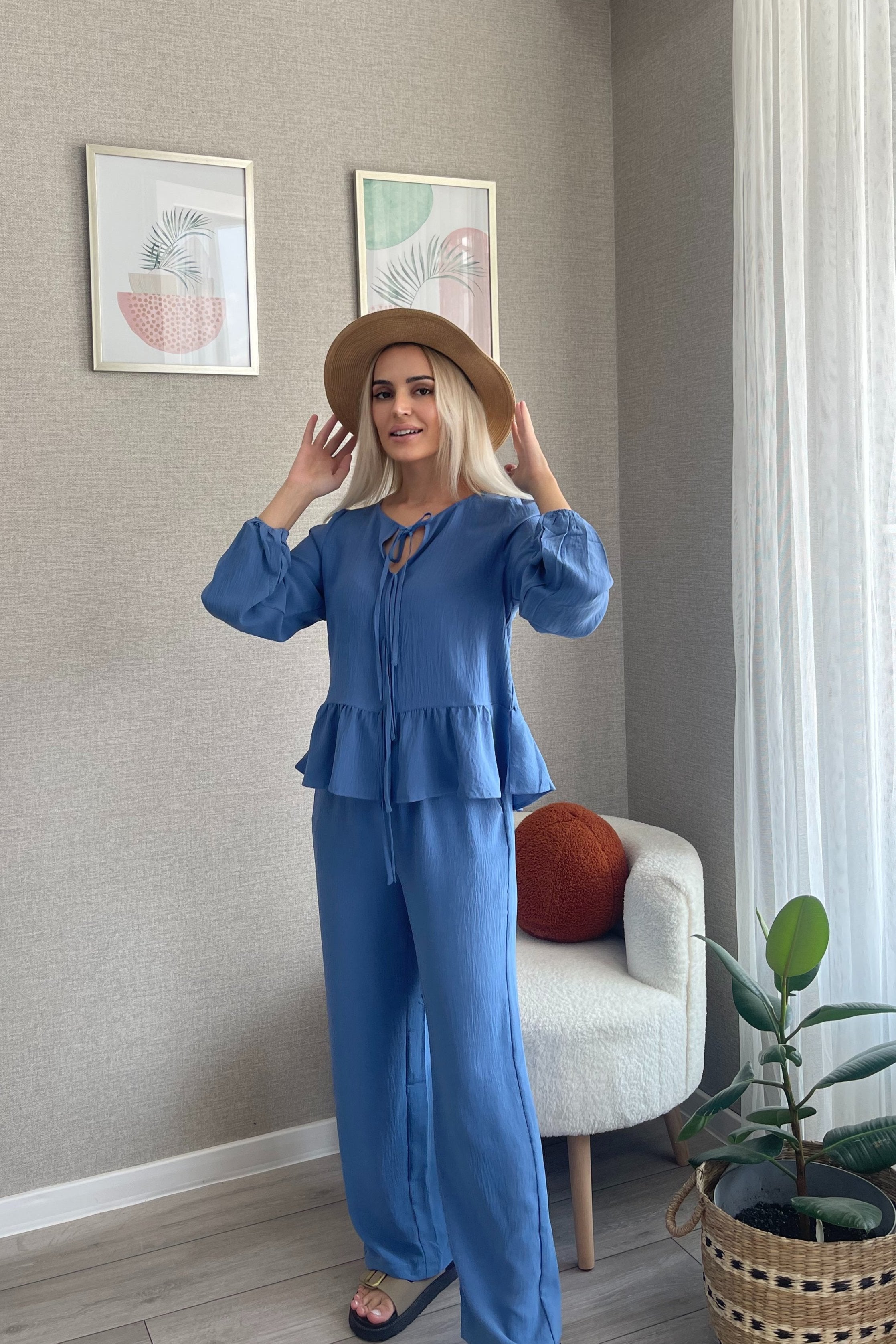 Luxuii  Long Sleeve Tie Front Top and Wide Leg Pants Pajama Sets