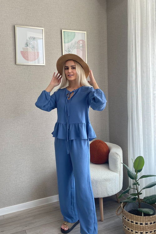 Luxuii  Long Sleeve Tie Front Top and Wide Leg Pants Pajama Sets