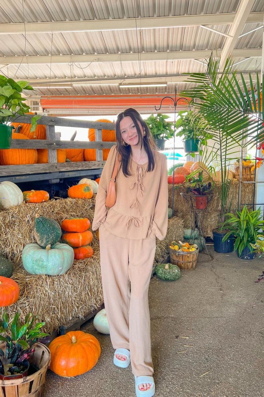 Luxuii  Long Sleeve Tie Front Top and Wide Leg Pants Pajama Sets