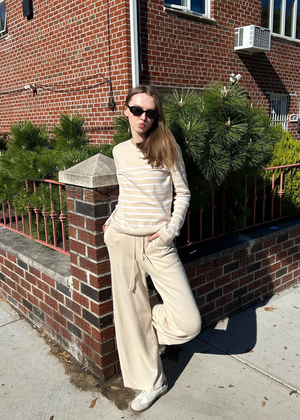 Luxuii Striped Knit Fitted Tops Wide Leg Pants Pajama Sets
