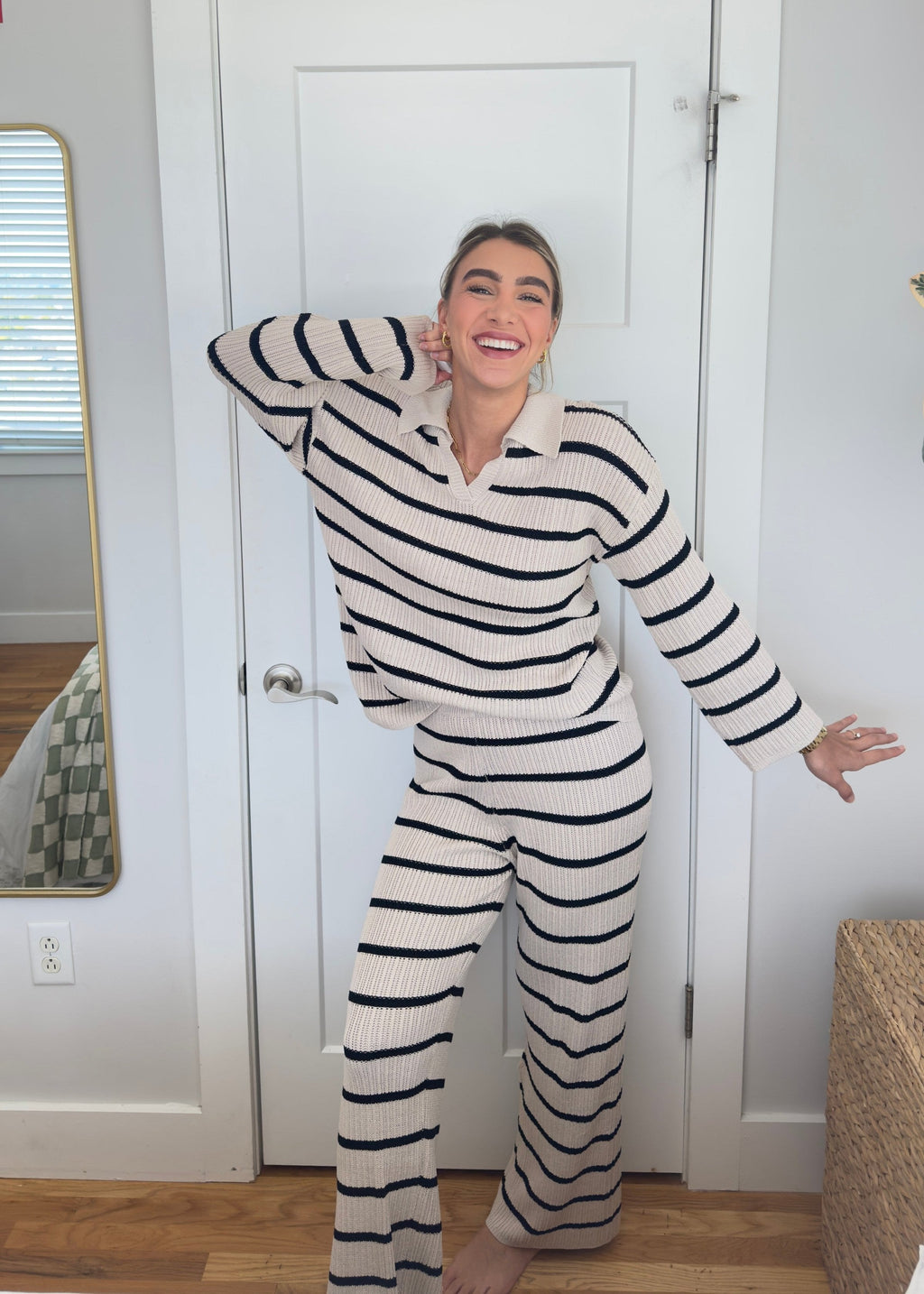 Luxuii Striped V Neck Knit Tops and Wide Leg Pants Lounge Set