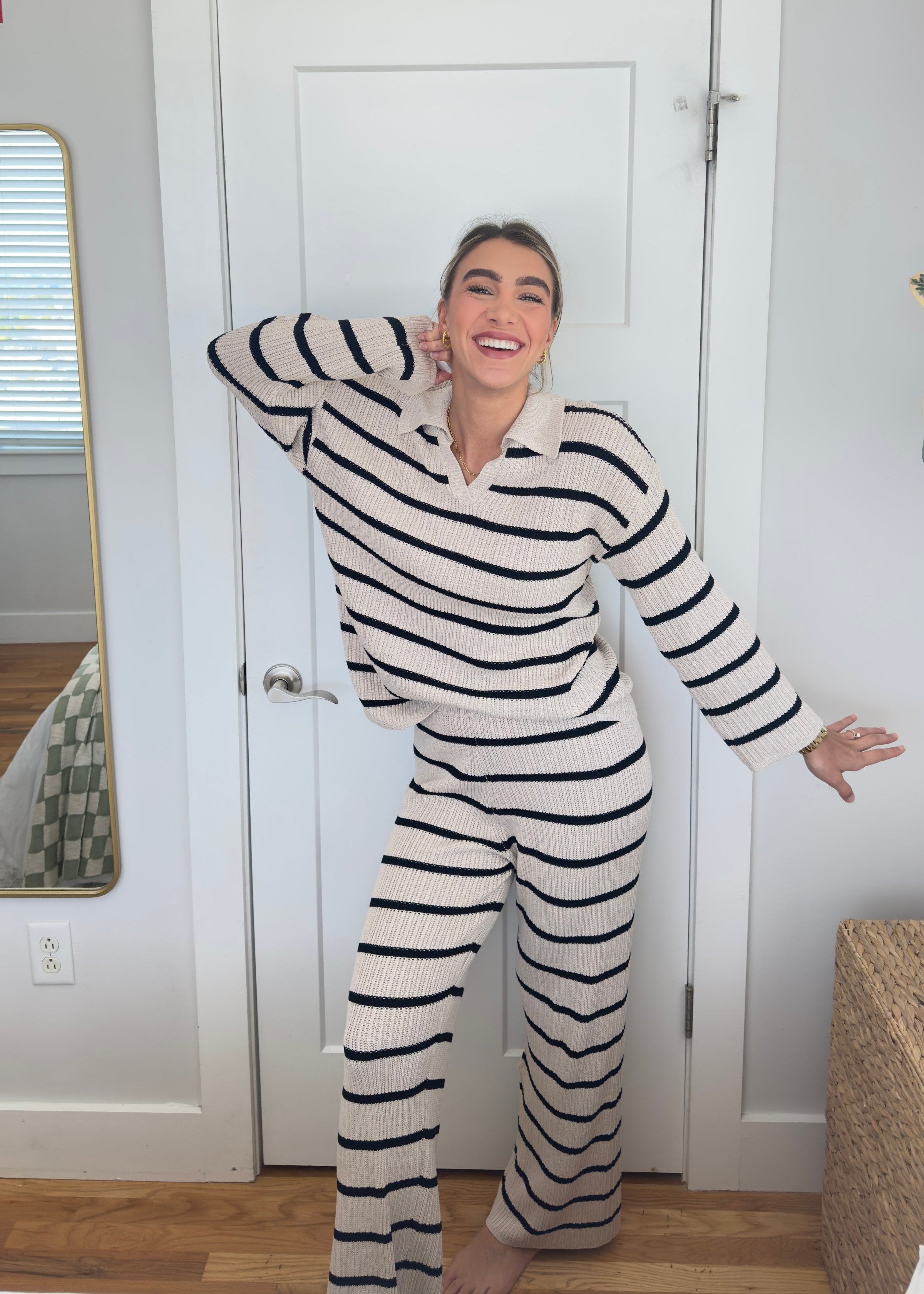 Luxuii Striped V Neck Knit Tops and Wide Leg Pants Lounge Set
