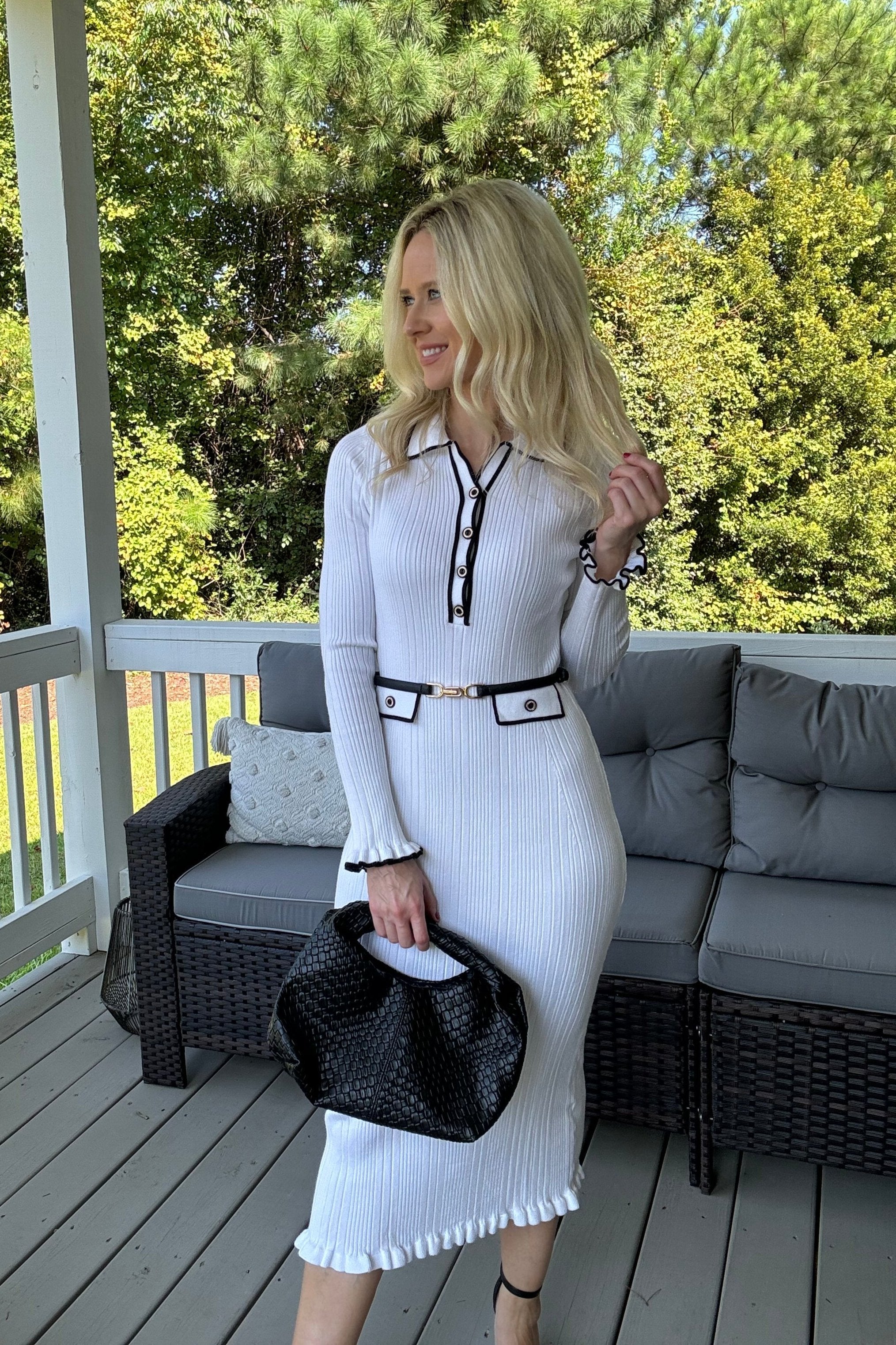 Luxuii Ribbed Button V Neck Elegant Trendy Ruffle Midi Dresses