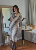 Luxuii Striped Sweater Dresses Lapel V Neck Knit Side Slit Midi Dress