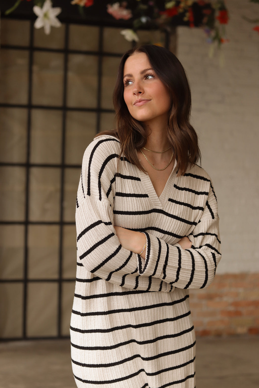 Luxuii Striped Sweater Dresses Lapel V Neck Knit Side Slit Midi Dress