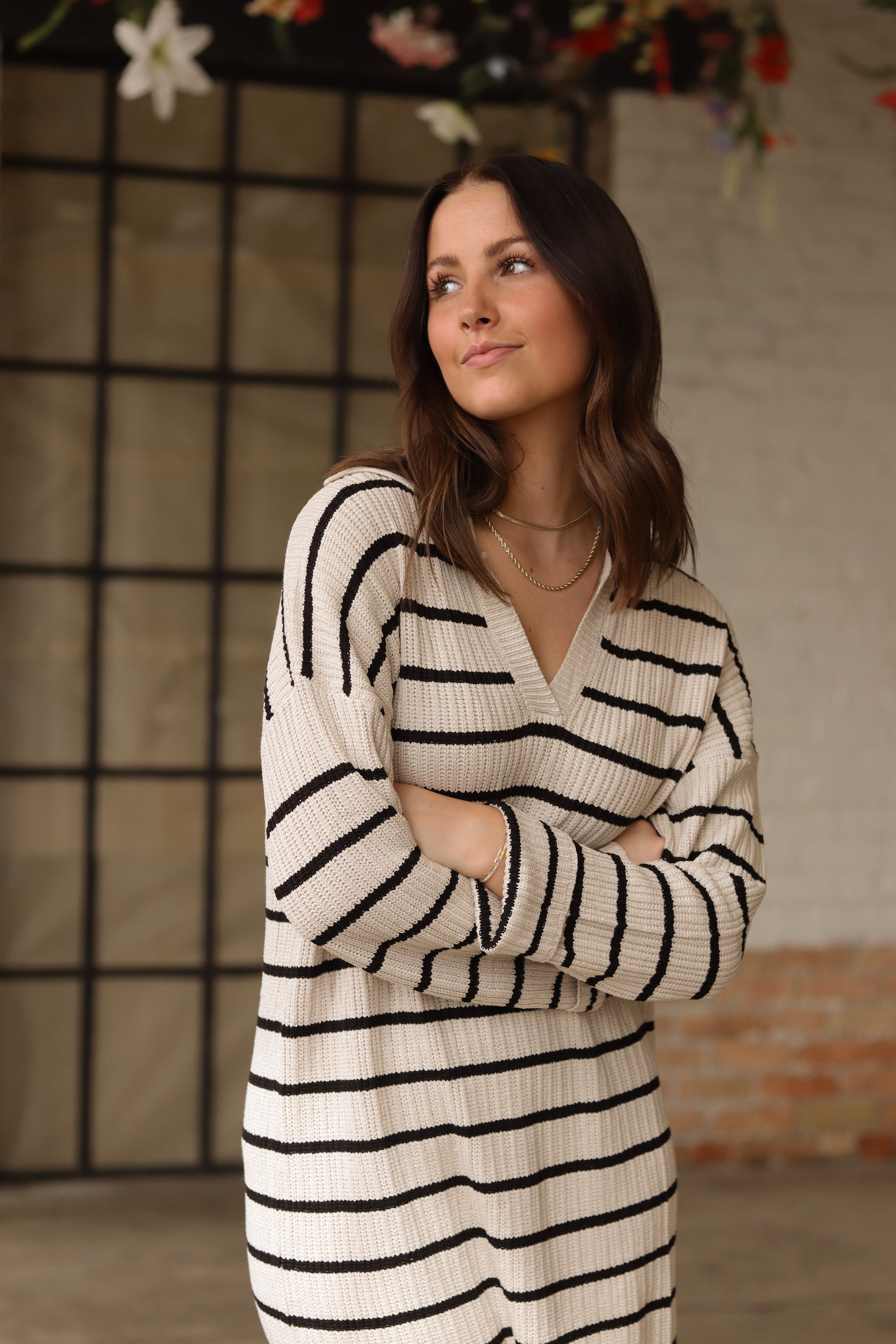 Luxuii Striped Sweater Dresses Lapel V Neck Knit Side Slit Midi Dress