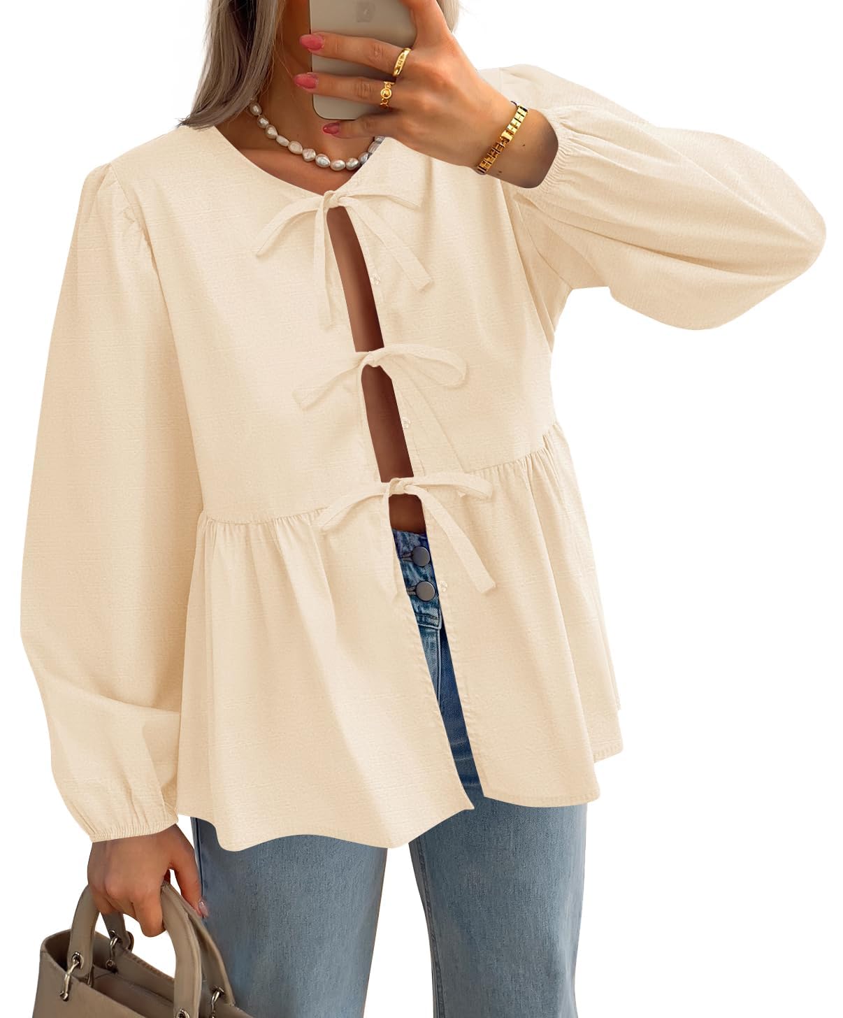 Luxuii Womens Tops Tie Front Long Puff Sleeve Button Peplum Babydoll Cute Shirts