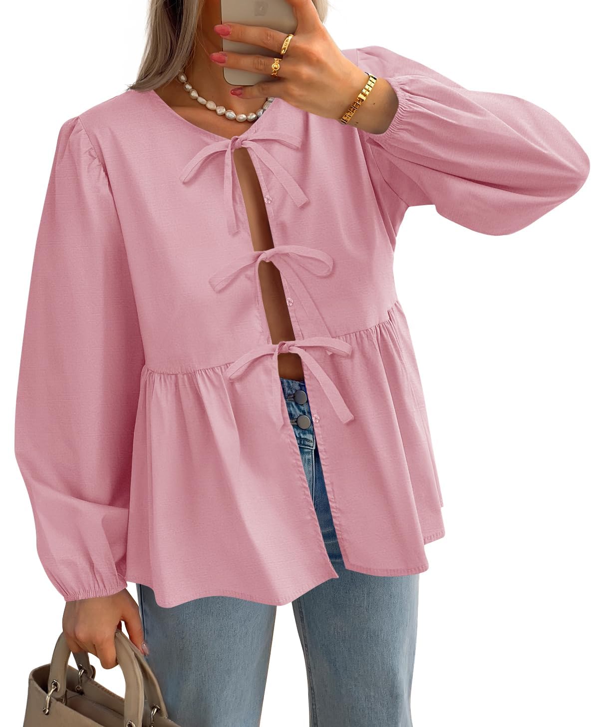 Luxuii Womens Tops Tie Front Long Puff Sleeve Button Peplum Babydoll Cute Shirts