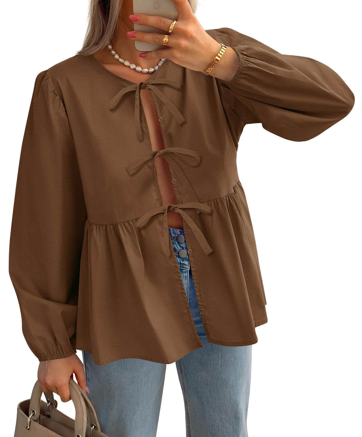 Luxuii Womens Tops Tie Front Long Puff Sleeve Button Peplum Babydoll Cute Shirts
