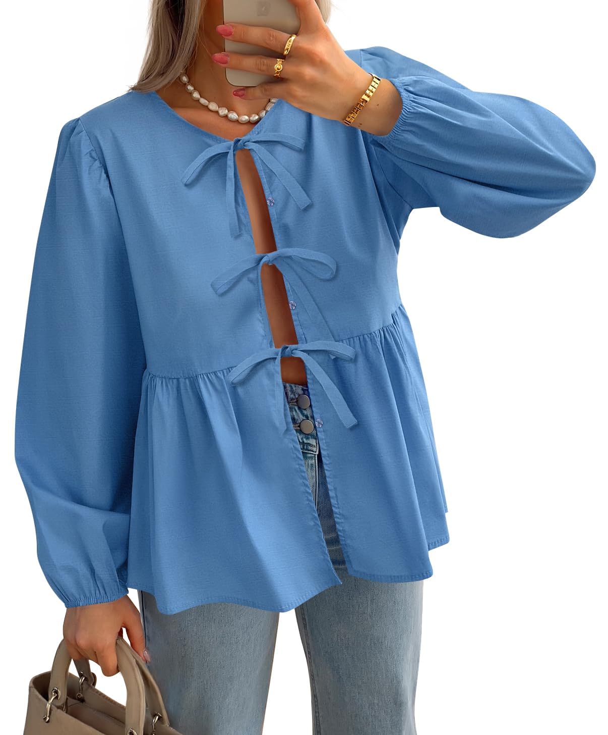 Luxuii Womens Tops Tie Front Long Puff Sleeve Button Peplum Babydoll Cute Shirts