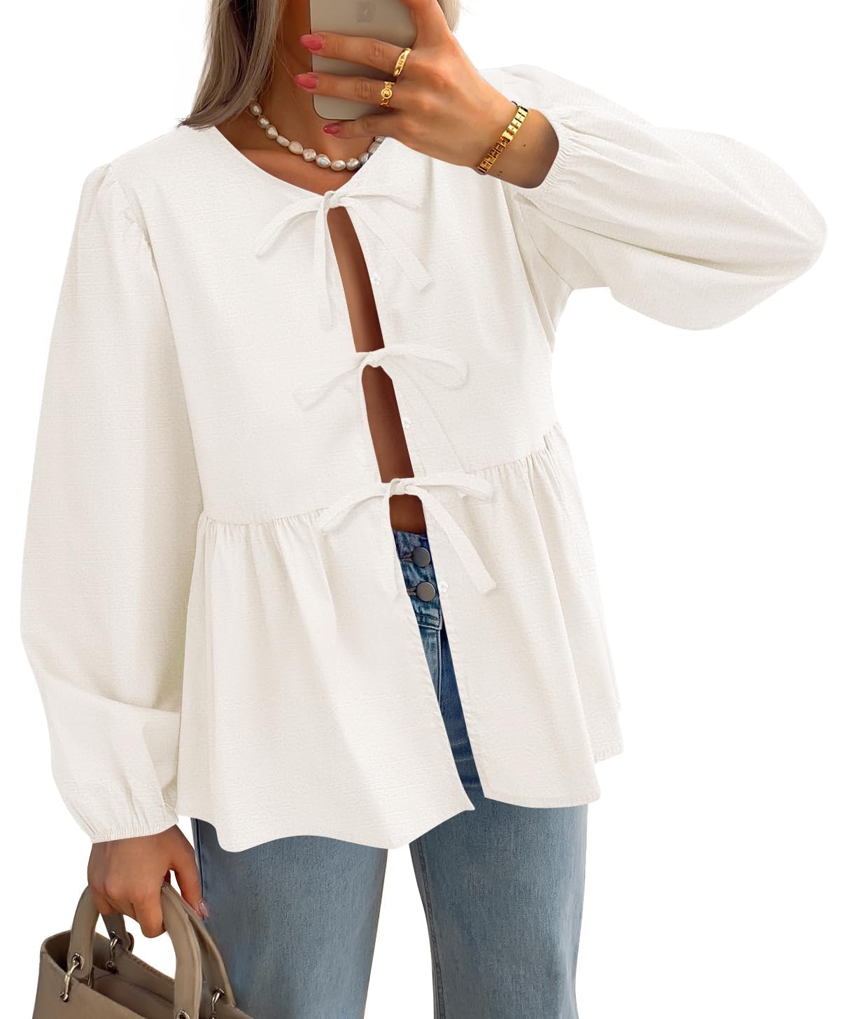 Luxuii Womens Tops Tie Front Long Puff Sleeve Button Peplum Babydoll Cute Shirts