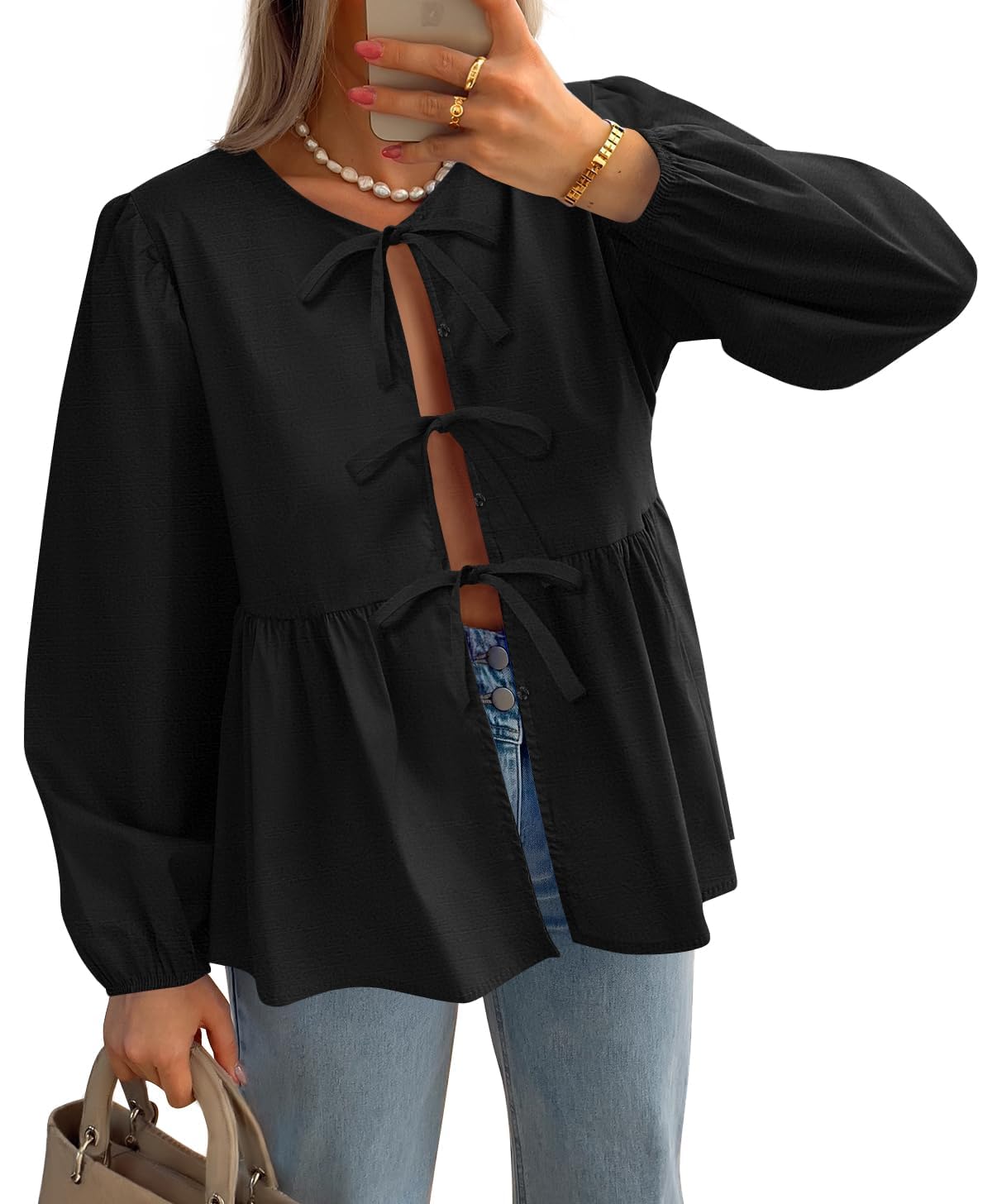 Luxuii Womens Tops Tie Front Long Puff Sleeve Button Peplum Babydoll Cute Shirts