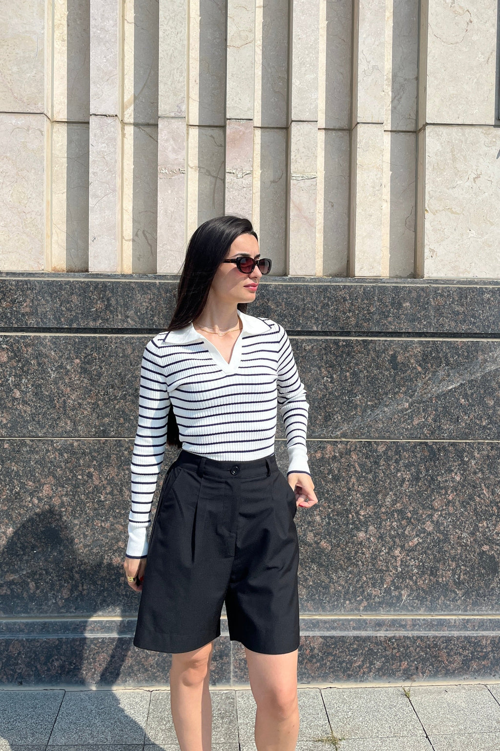 Luxuii V Neck Knit Tops Striped  Slim Fit Casual Tops