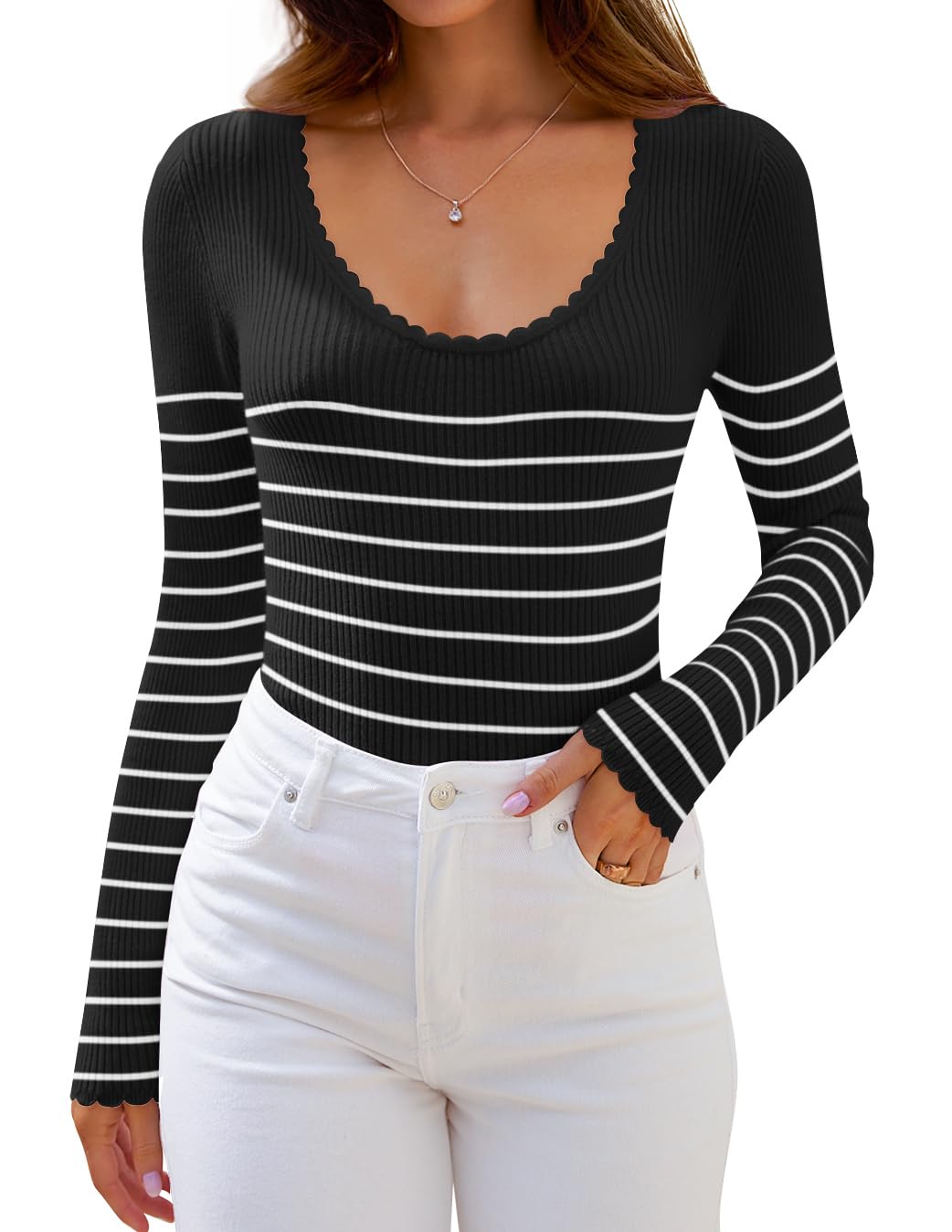 Luxuii Women's Long Sleeve Striped  Fall Slim Fit Ribbed Knit Sweater Basic Casual Tops