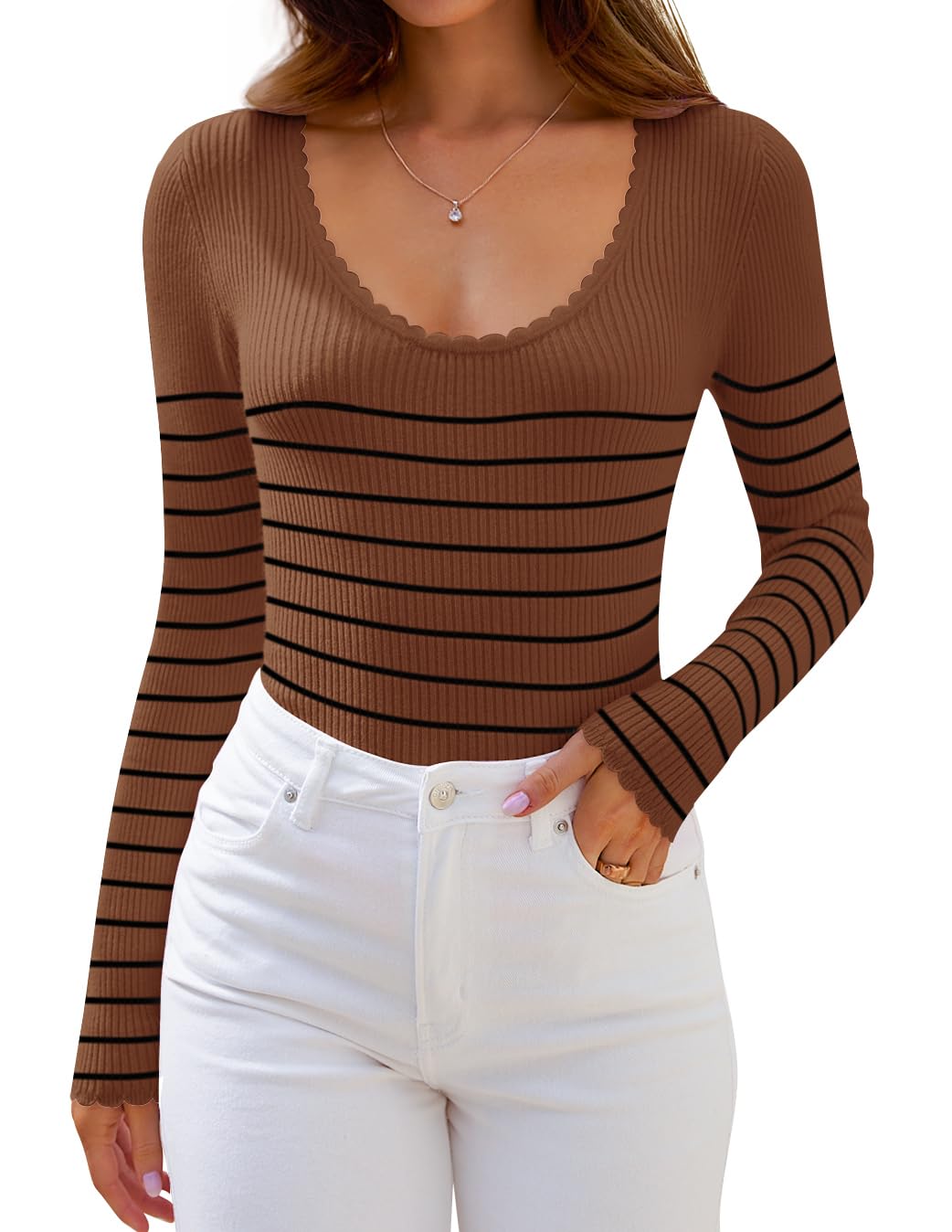 Luxuii Women's Long Sleeve Striped  Fall Slim Fit Ribbed Knit Sweater Basic Casual Tops