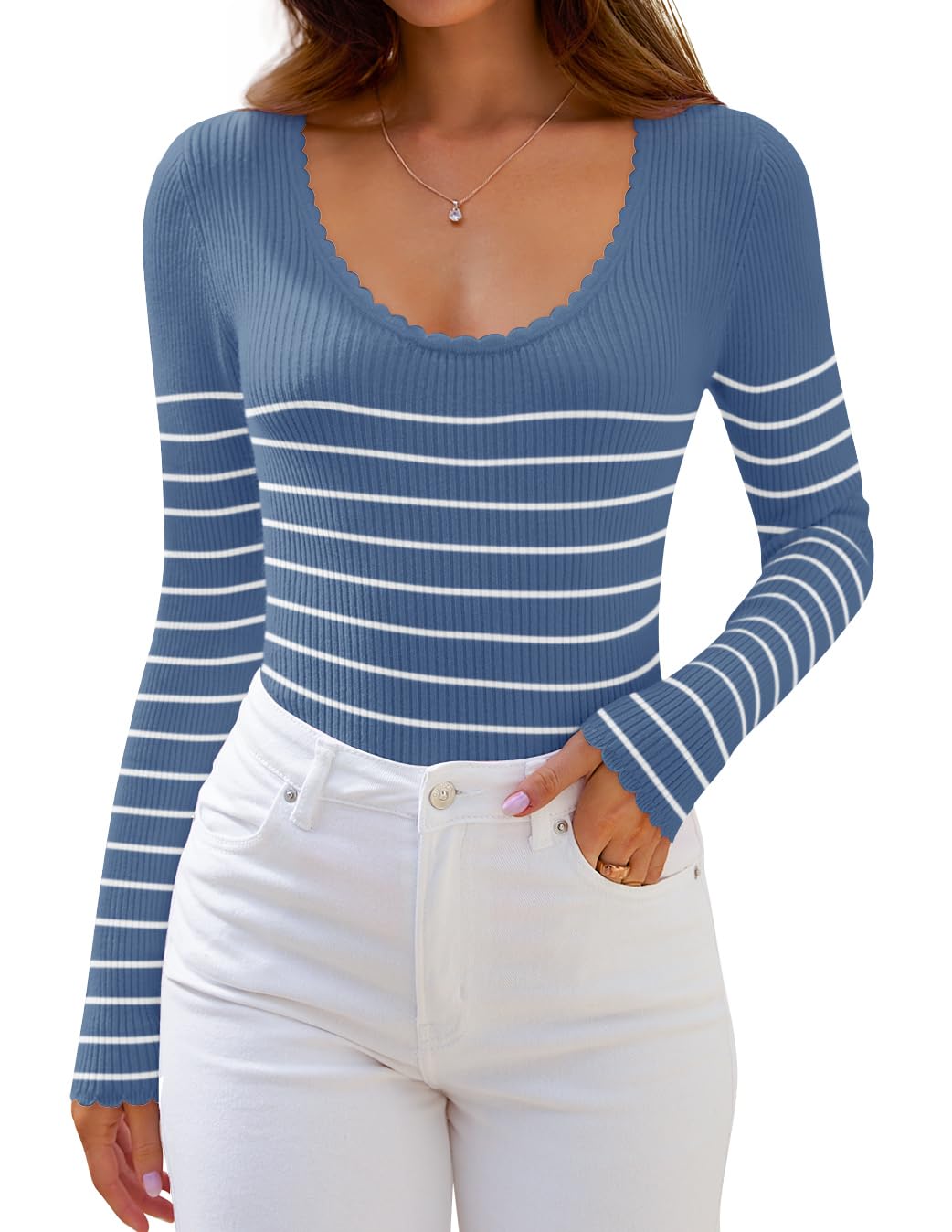 Luxuii Women's Long Sleeve Striped  Fall Slim Fit Ribbed Knit Sweater Basic Casual Tops