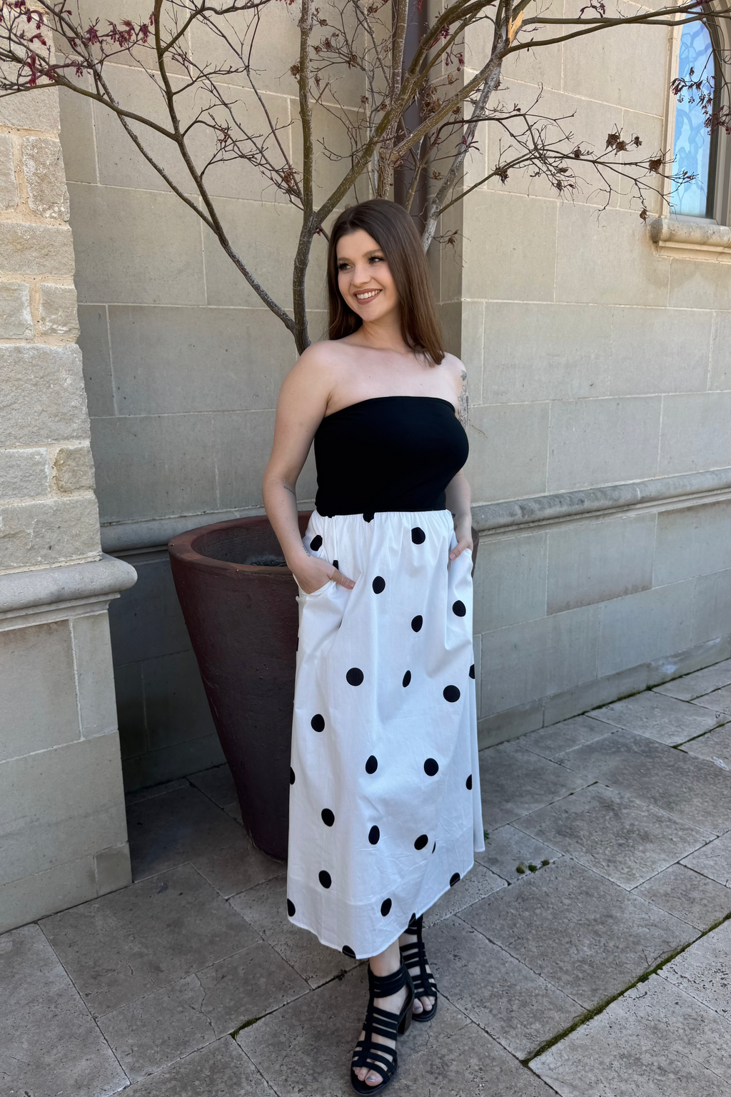 Luxuii Boho Strapless Off Shoulder Polka Dot Printed Flowy Long Dresses