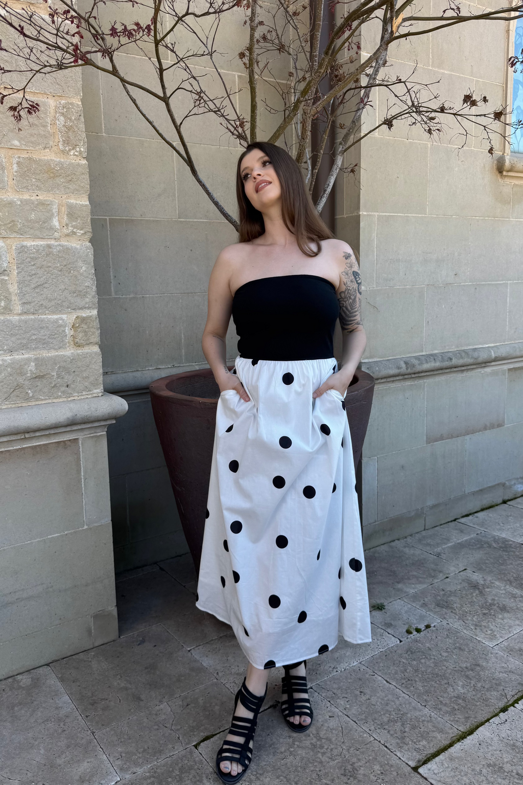 Luxuii Boho Strapless Off Shoulder Polka Dot Printed Flowy Long Dresses