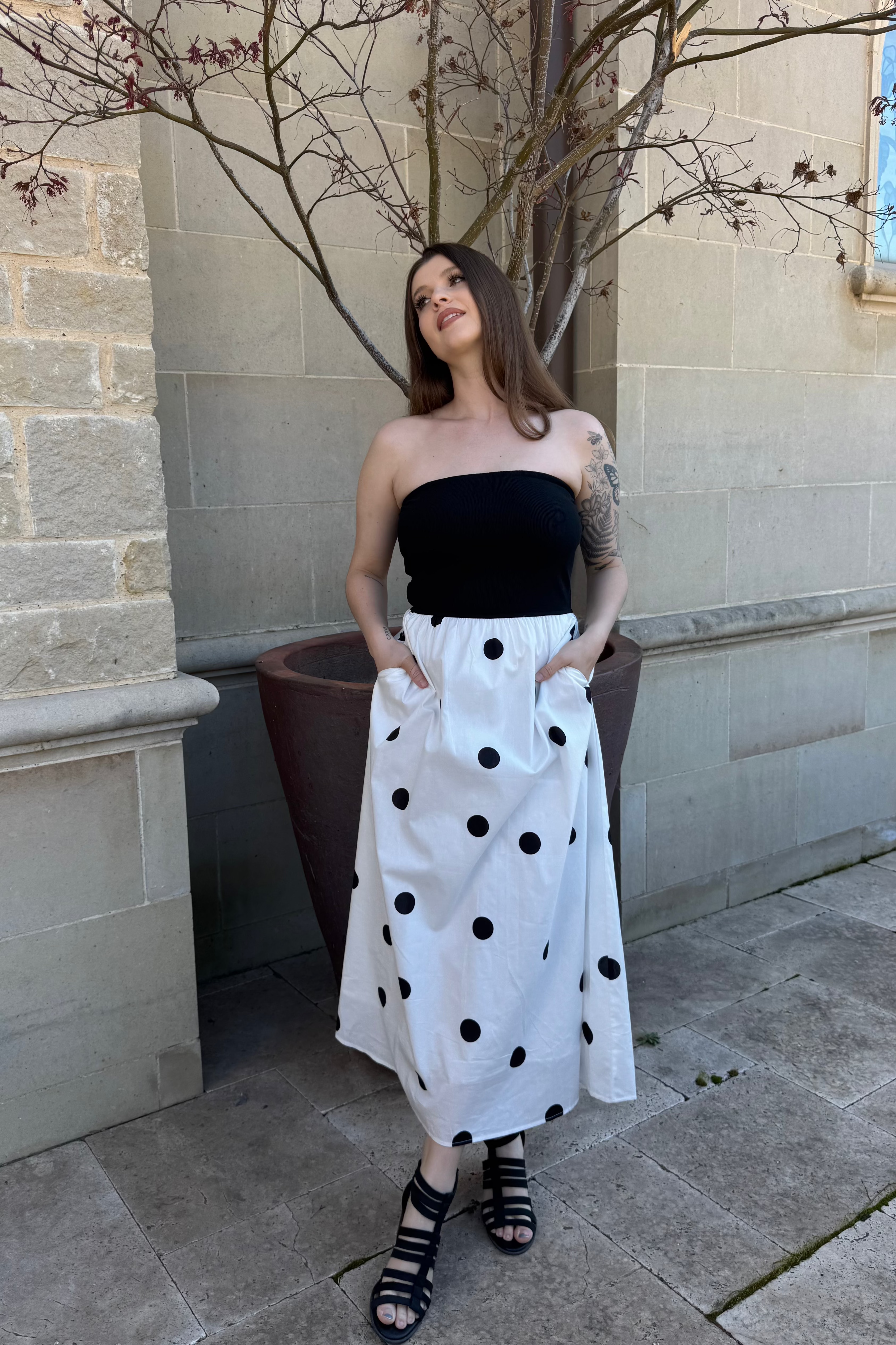 Luxuii Boho Strapless Off Shoulder Polka Dot Printed Flowy Long Dresses