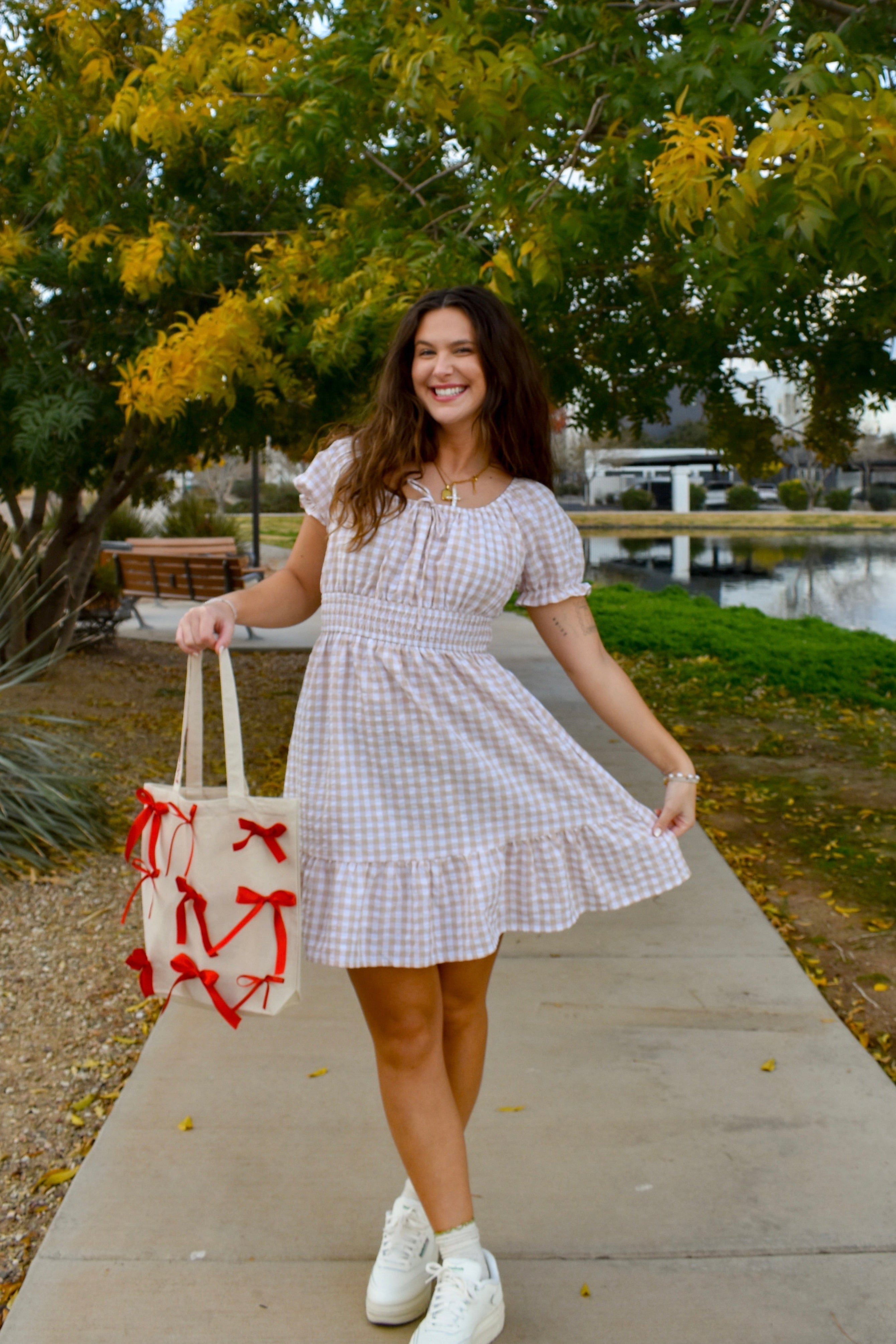 Luxuii Square Neck Puff Sleeve Plaid Ruffle Flowy Smocked Dresses