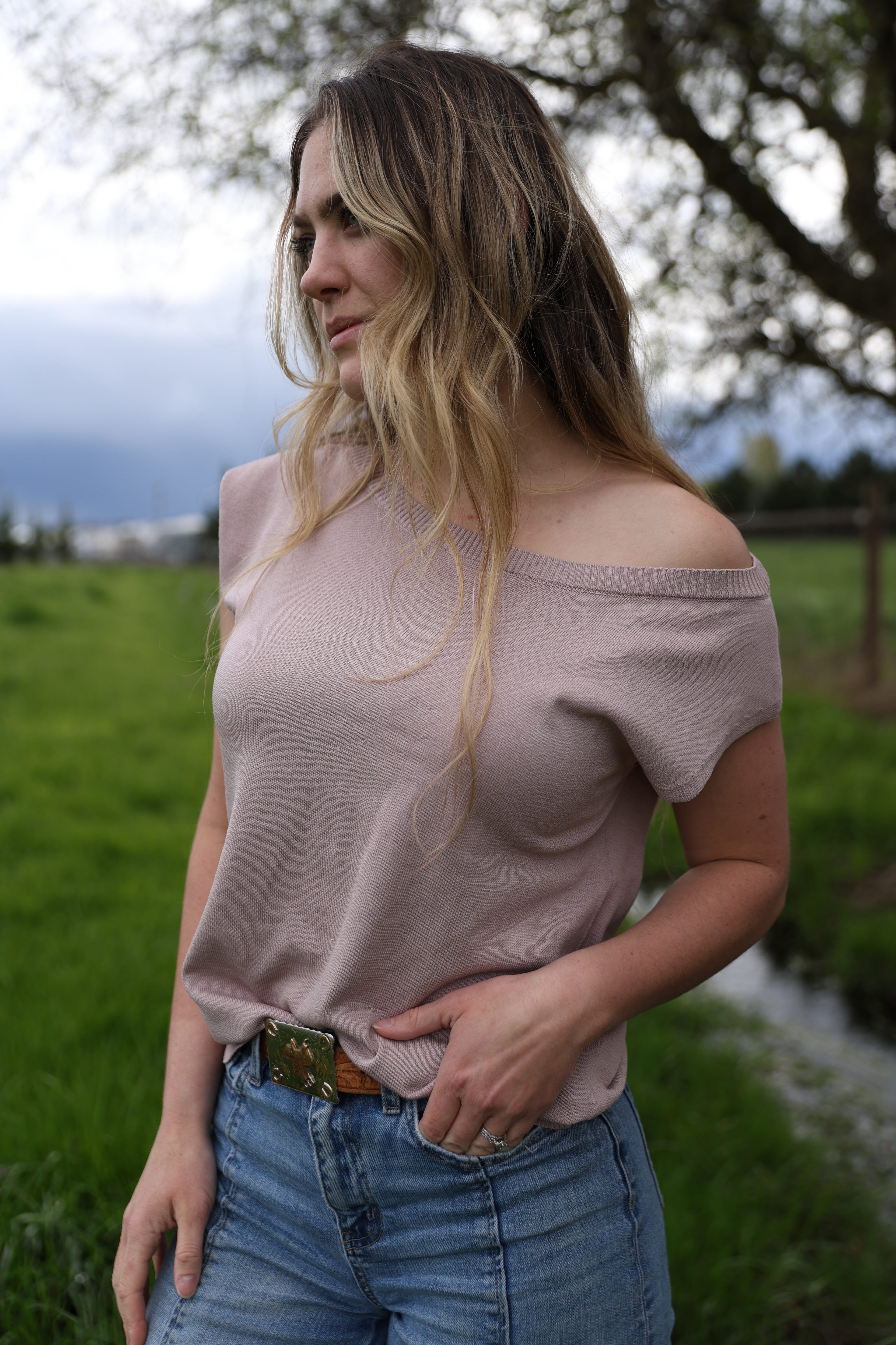 Luxuii Off The Shoulder Knit Short Sleeve Oversized Shirt