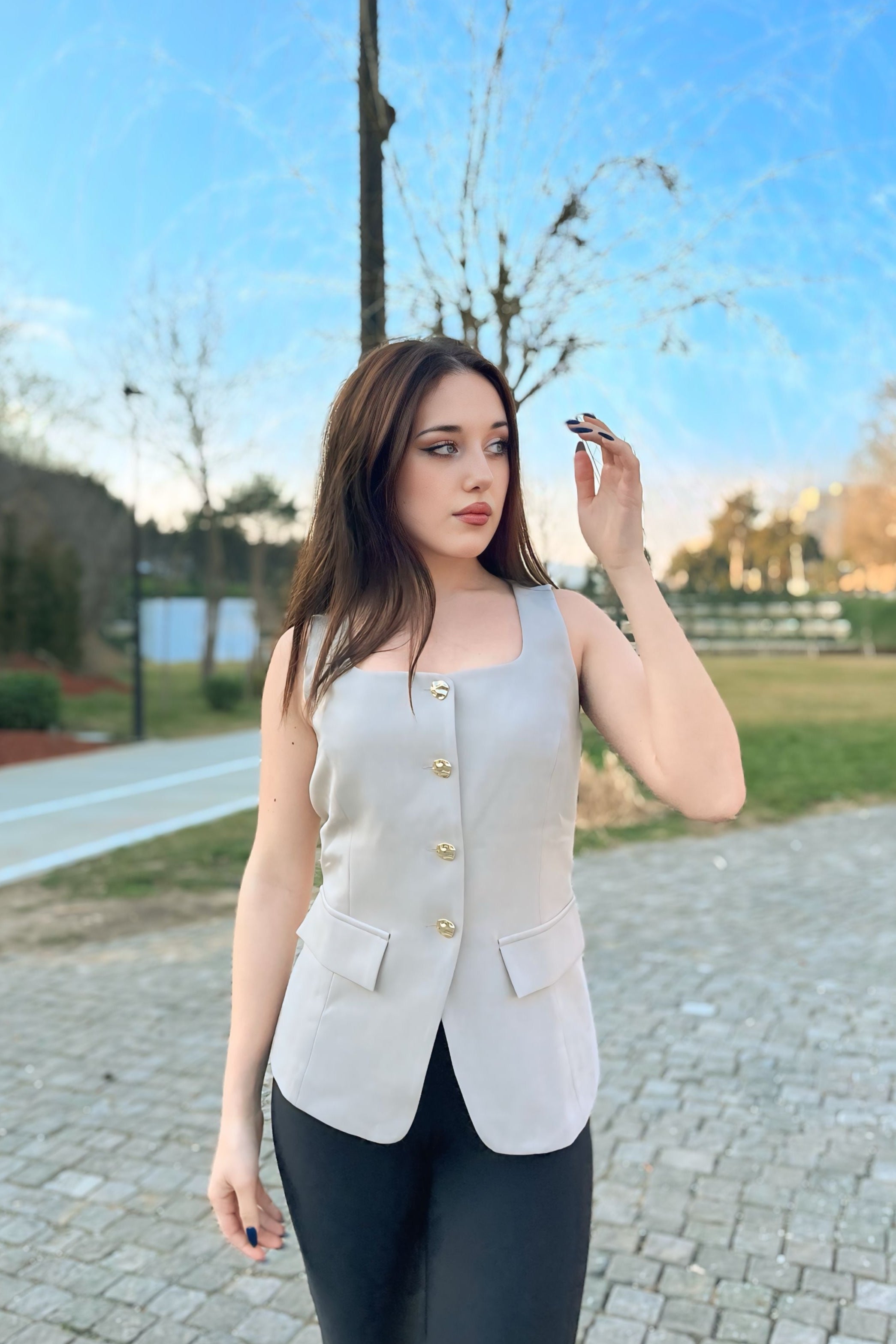 Luxuii Sleeveless Vest Square Neck Button Down Blazer Vests
