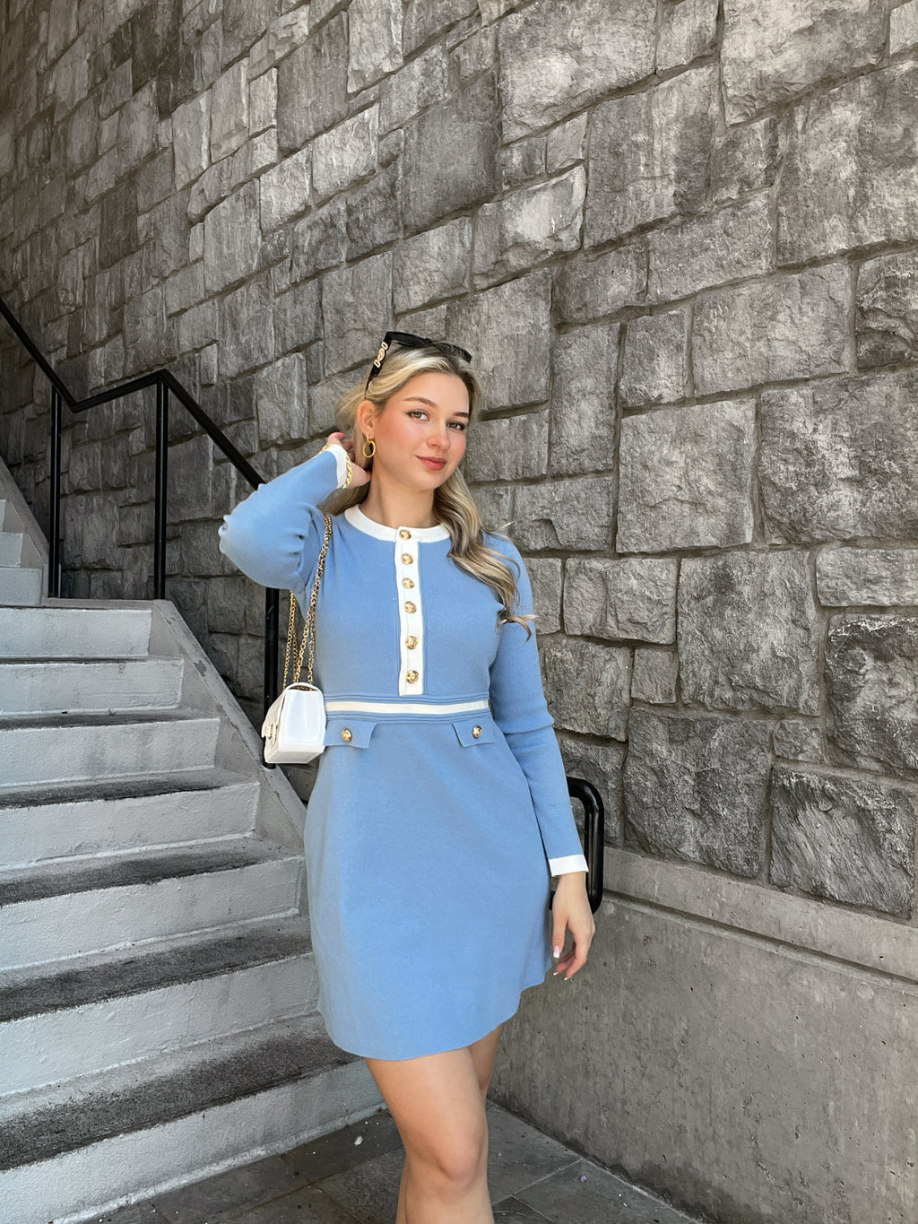 Luxuii Crewneck Button Knit Color Block Party Mini Dresses