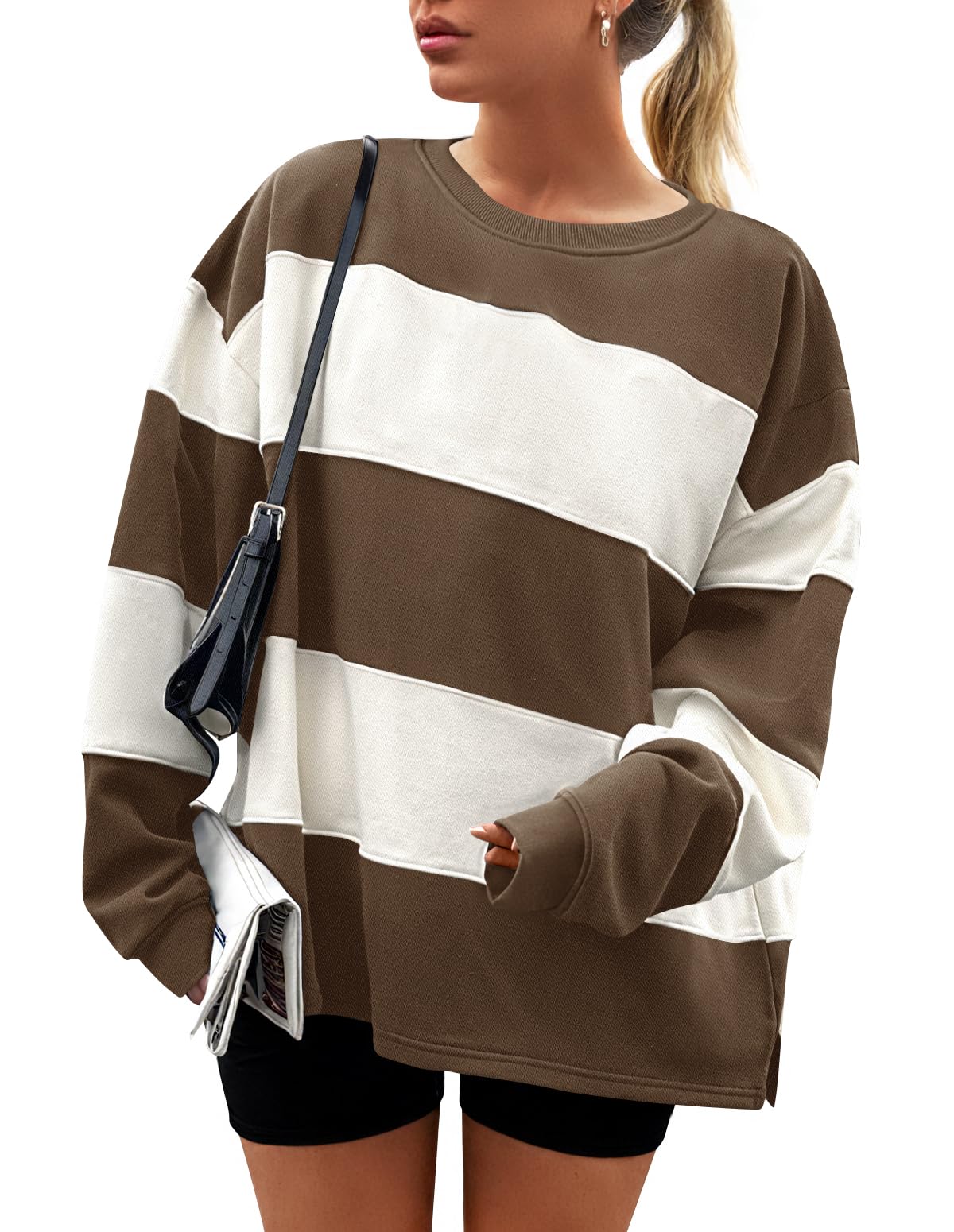 Luxuii Women's Fall Sweatshirt Long Sleeve Oversized Striped Fleece Pullover Tops
