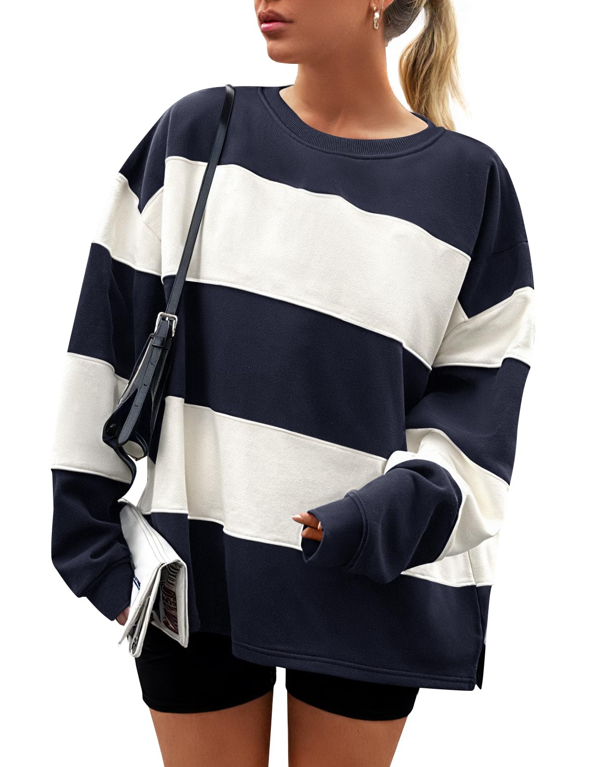 Luxuii Women's Fall Sweatshirt Long Sleeve Oversized Striped Fleece Pullover Tops