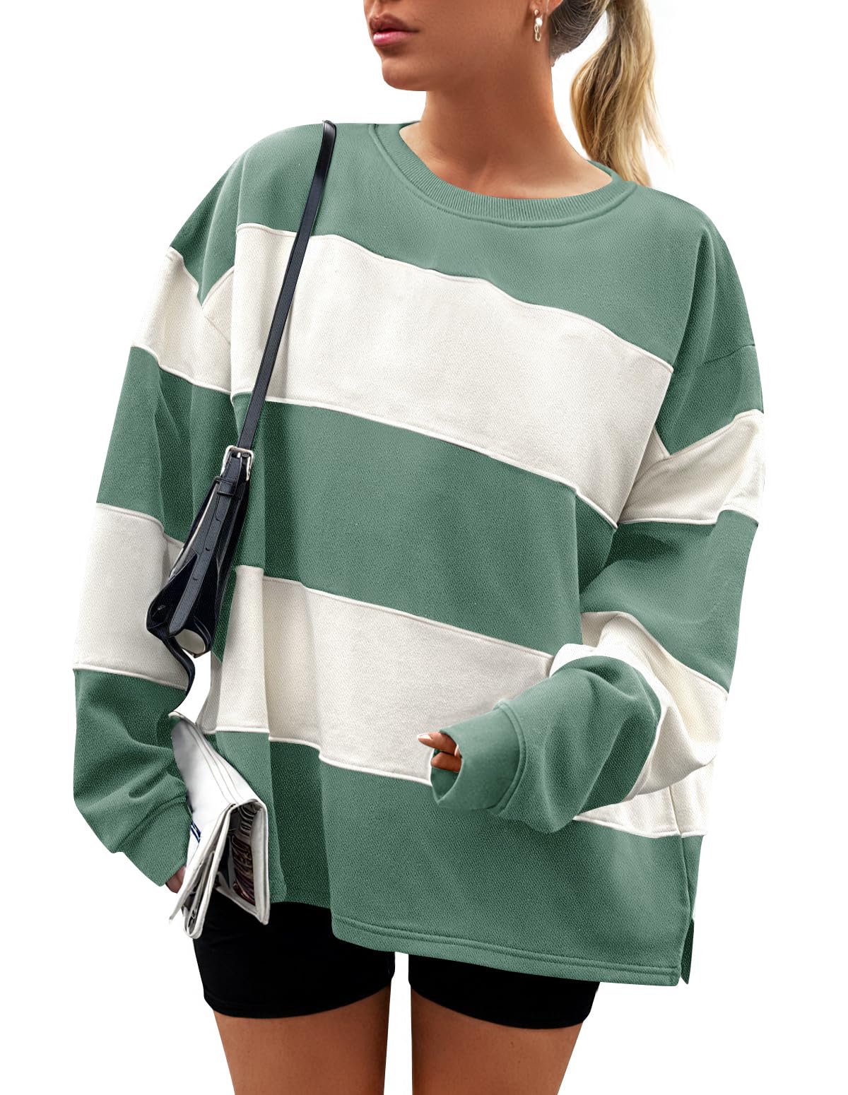 Luxuii Women's Fall Sweatshirt Long Sleeve Oversized Striped Fleece Pullover Tops