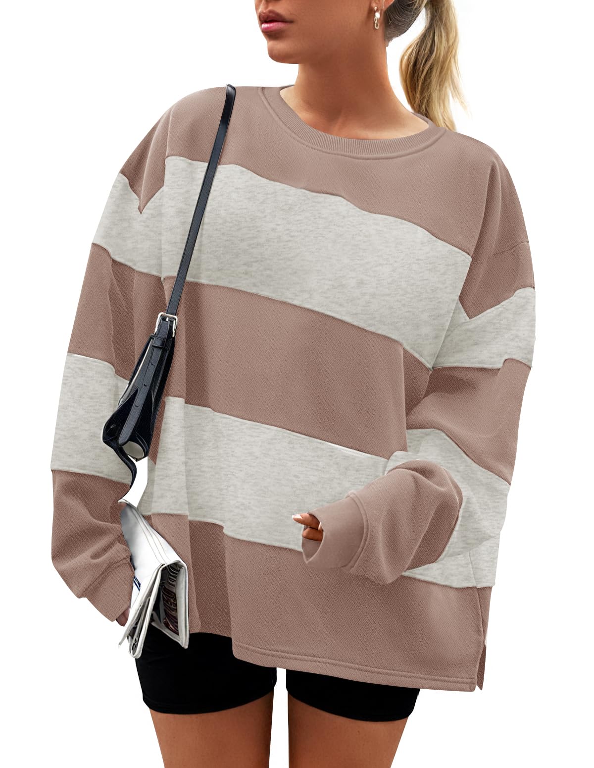 Luxuii Women's Fall Sweatshirt Long Sleeve Oversized Striped Fleece Pullover Tops