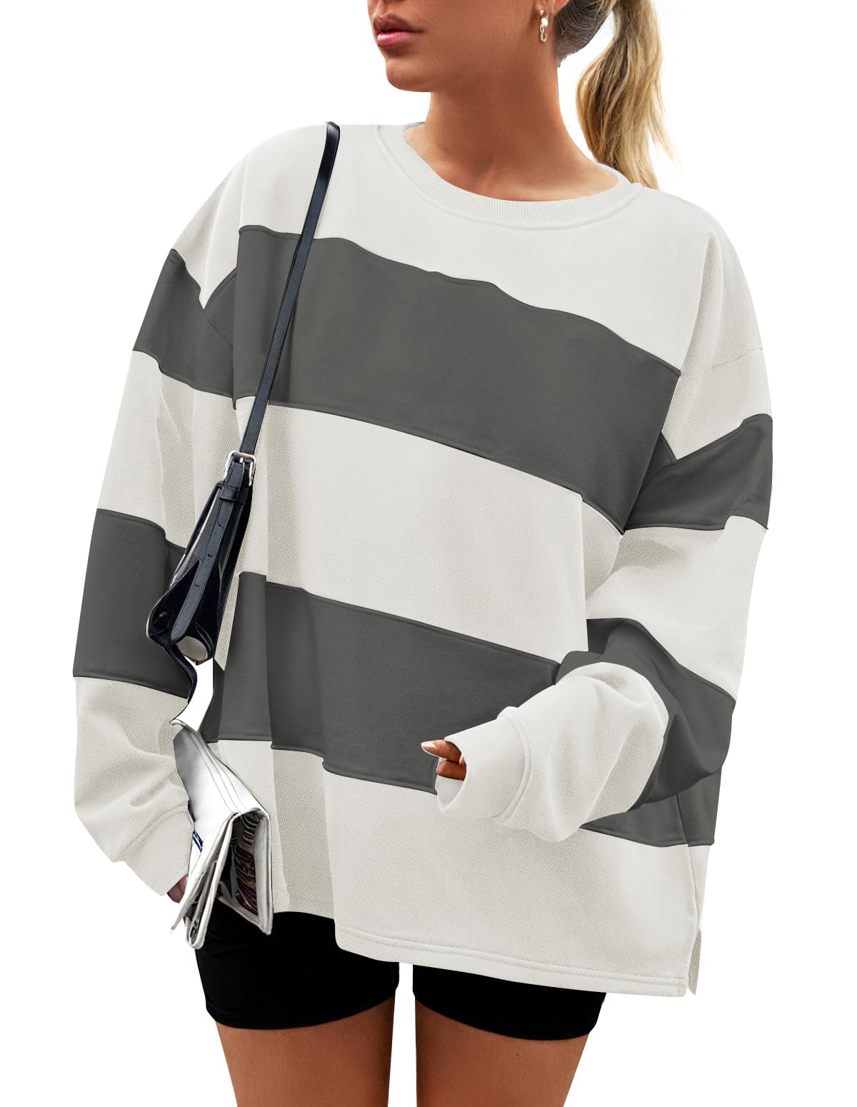 Luxuii Women's Fall Sweatshirt Long Sleeve Oversized Striped Fleece Pullover Tops