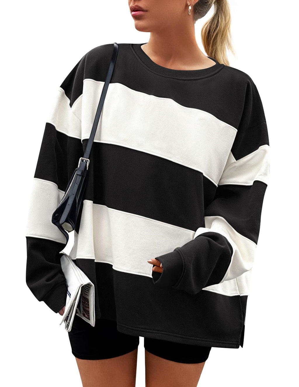 Luxuii Women's Fall Sweatshirt Long Sleeve Oversized Striped Fleece Pullover Tops