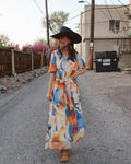 Luxuii Floral Print Short Sleeve V Neck High Waist Flowy Dress