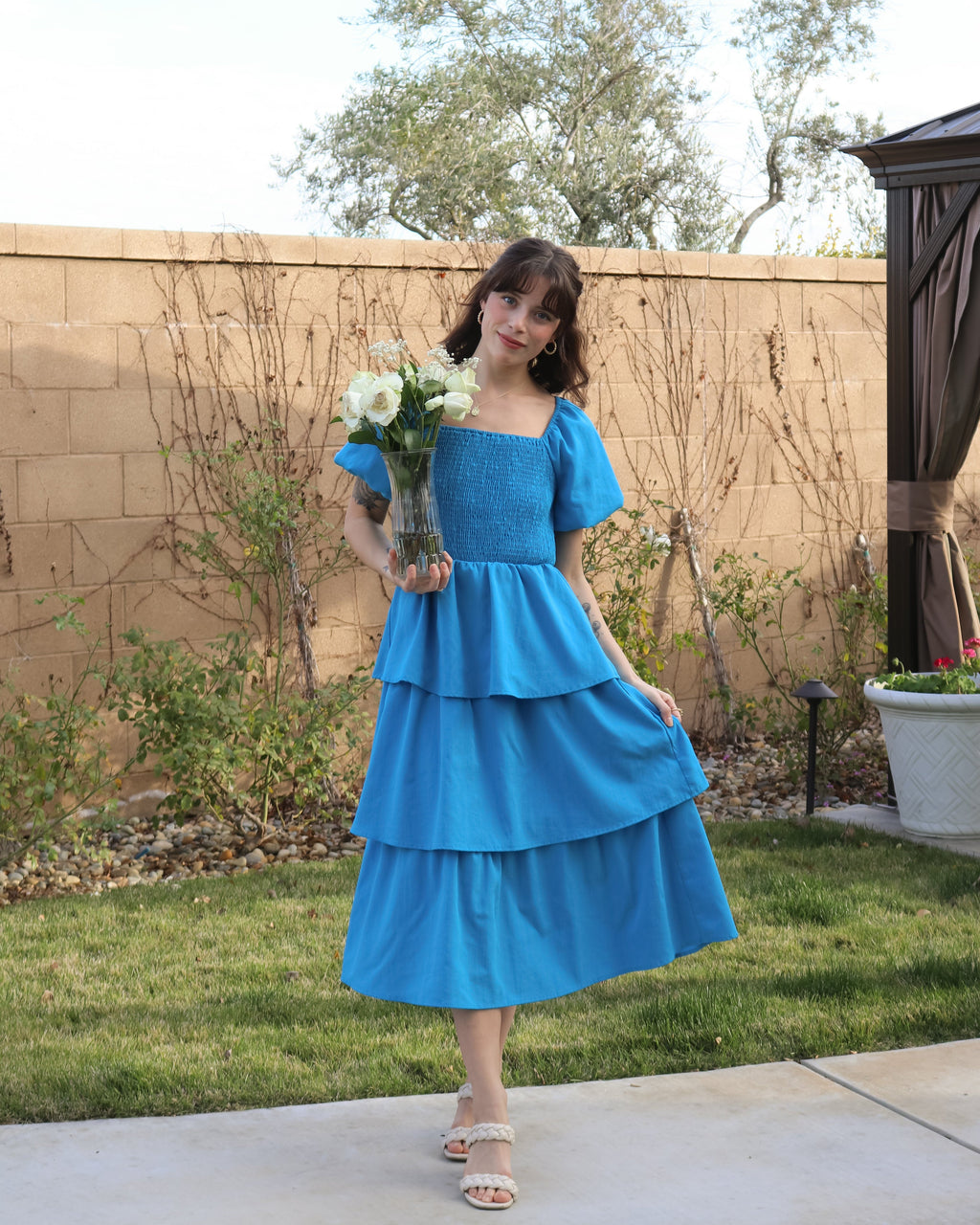 Luxuii Boho Short Puff Sleeve Flowy A Line Tiered Dresses
