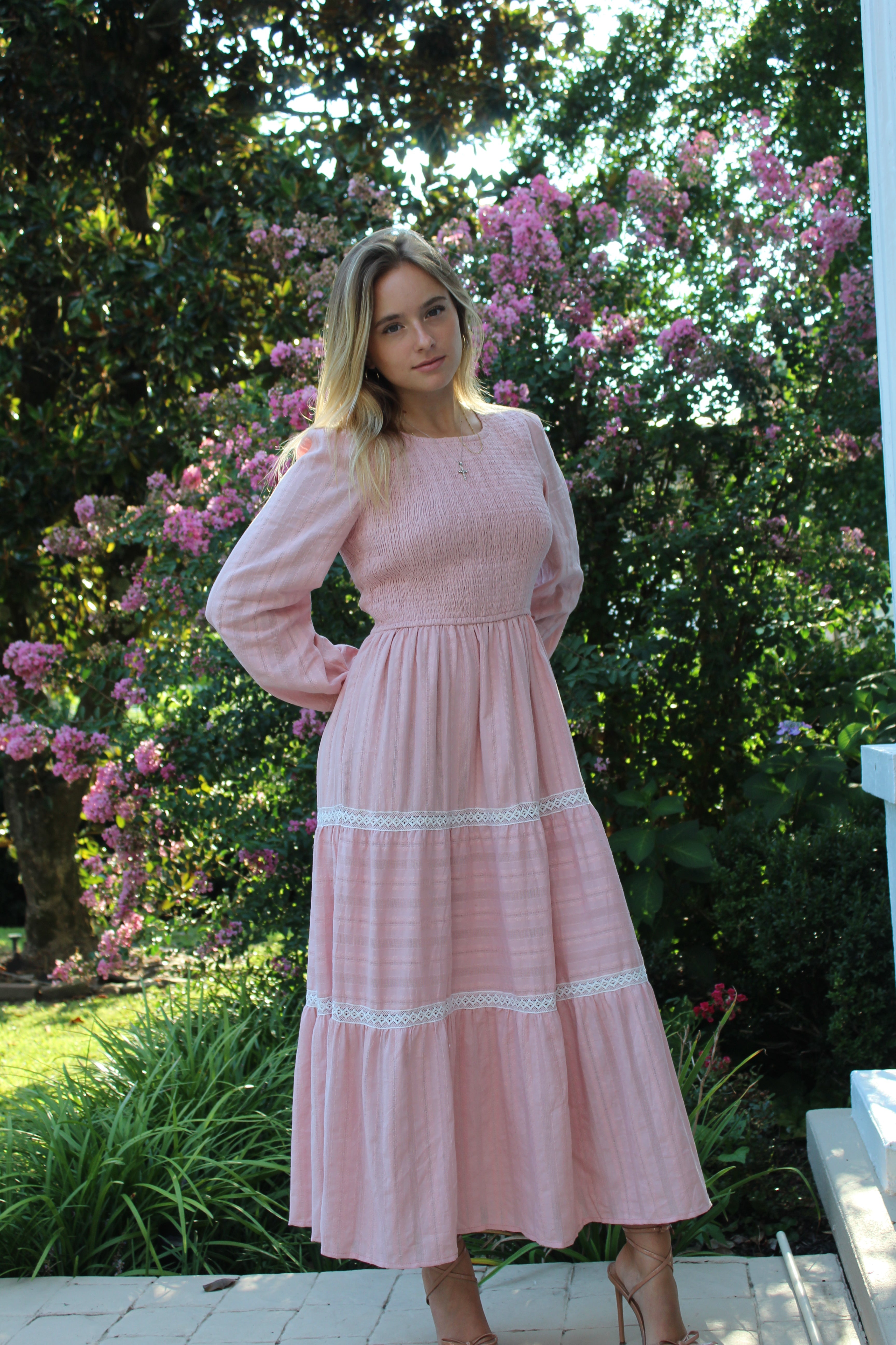 Luxuii Crewneck Smocked A Line Tiered Flowy Wedding Long Dress