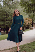 Luxuii Fall Crewneck Knit A Line Pleated Flowy Long Dresses with Belt