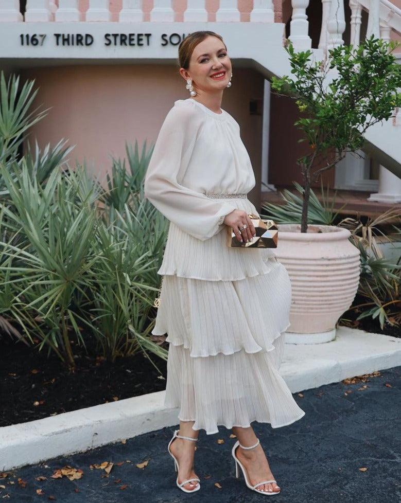 Luxuii Long Sleeve Crew Neck Ruffle Tiered Chiffon Midi Dress