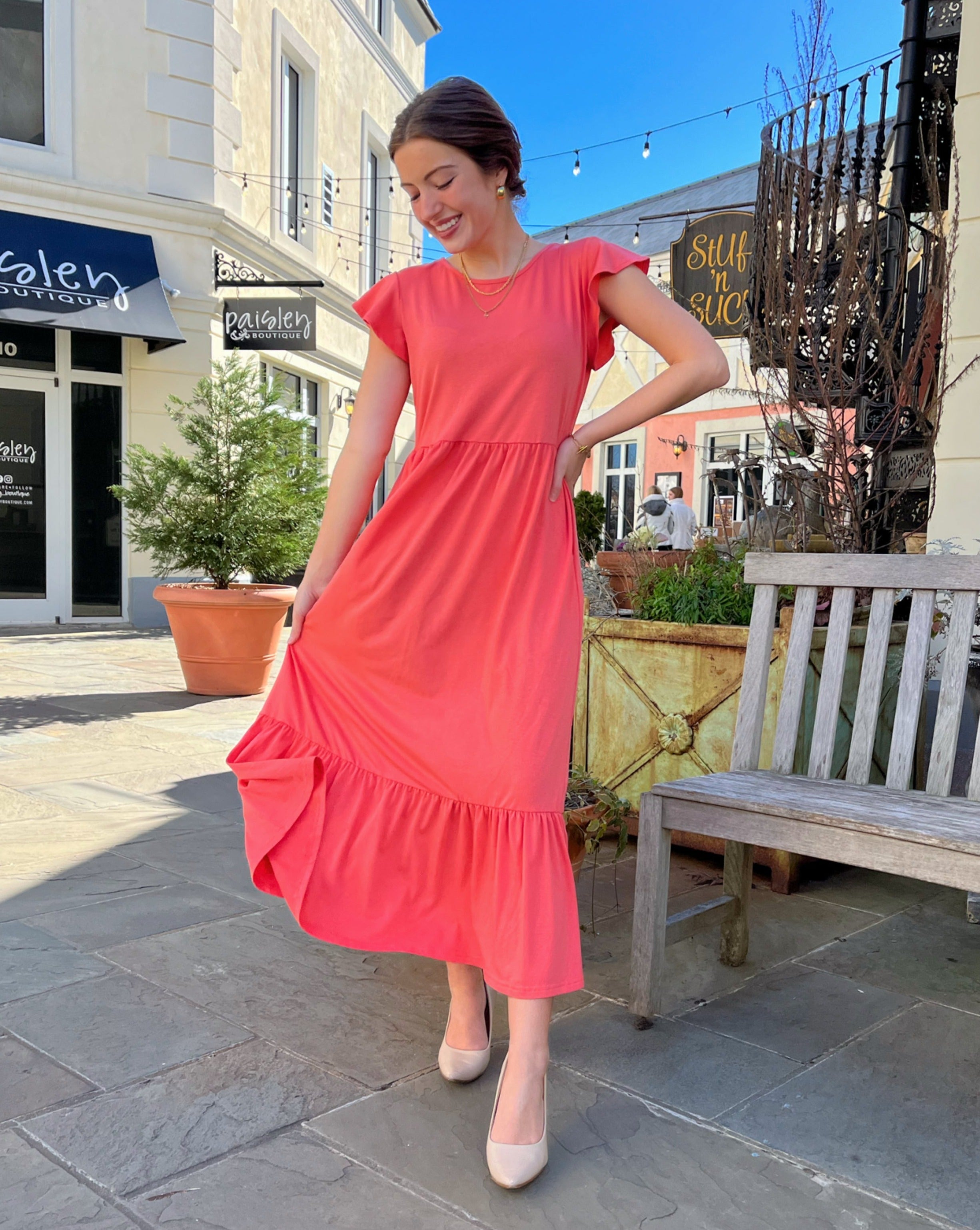 Luxuii Flutter Short Sleeve Crewneck Loose Tiered Maxi Dress