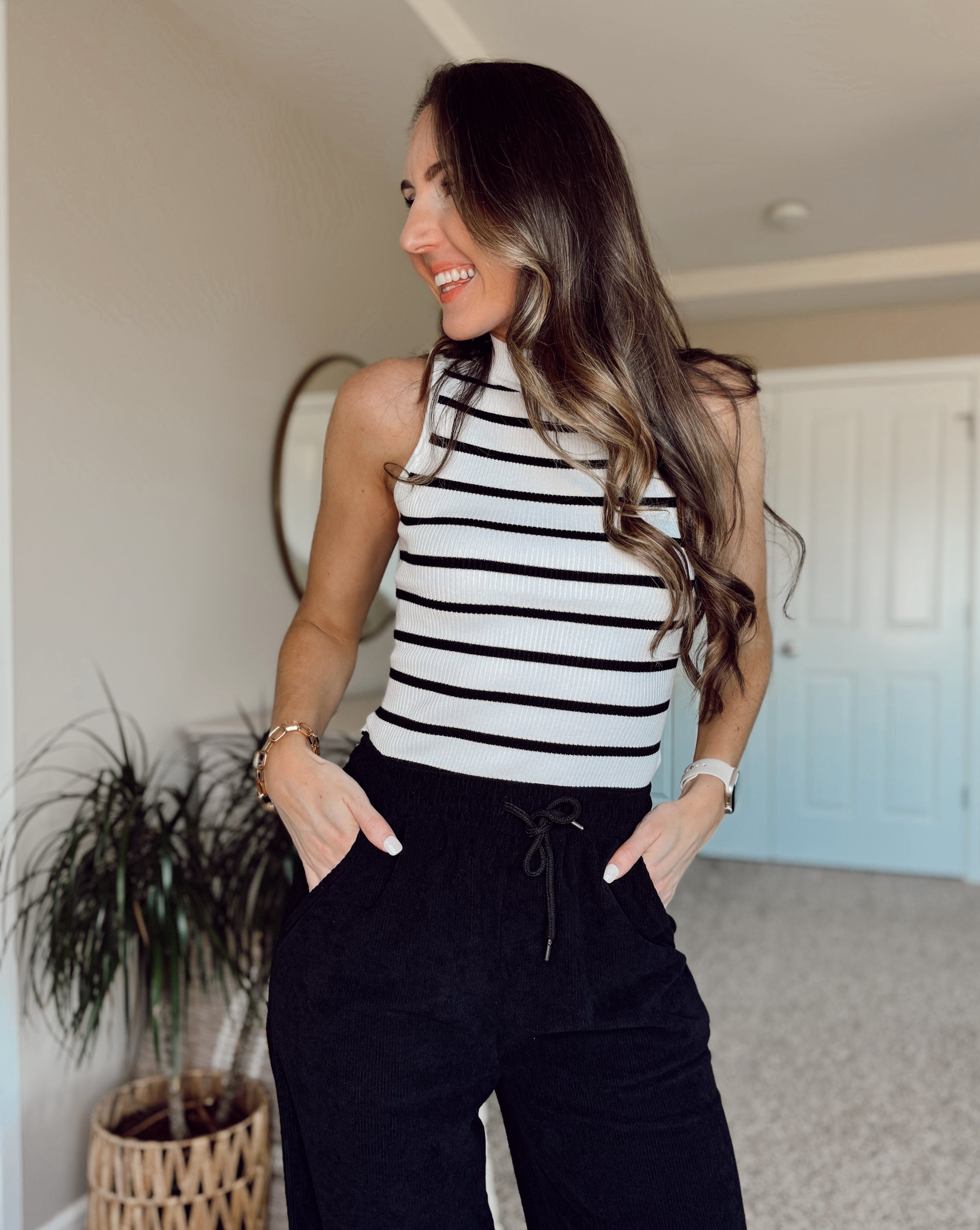 Luxuii High Neck Slim Fitted Ribbed Striped Tank Top