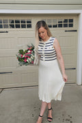 Luxuii Sleeveless Striped Crewneck Button Knit Swing Pleated Midi Dress