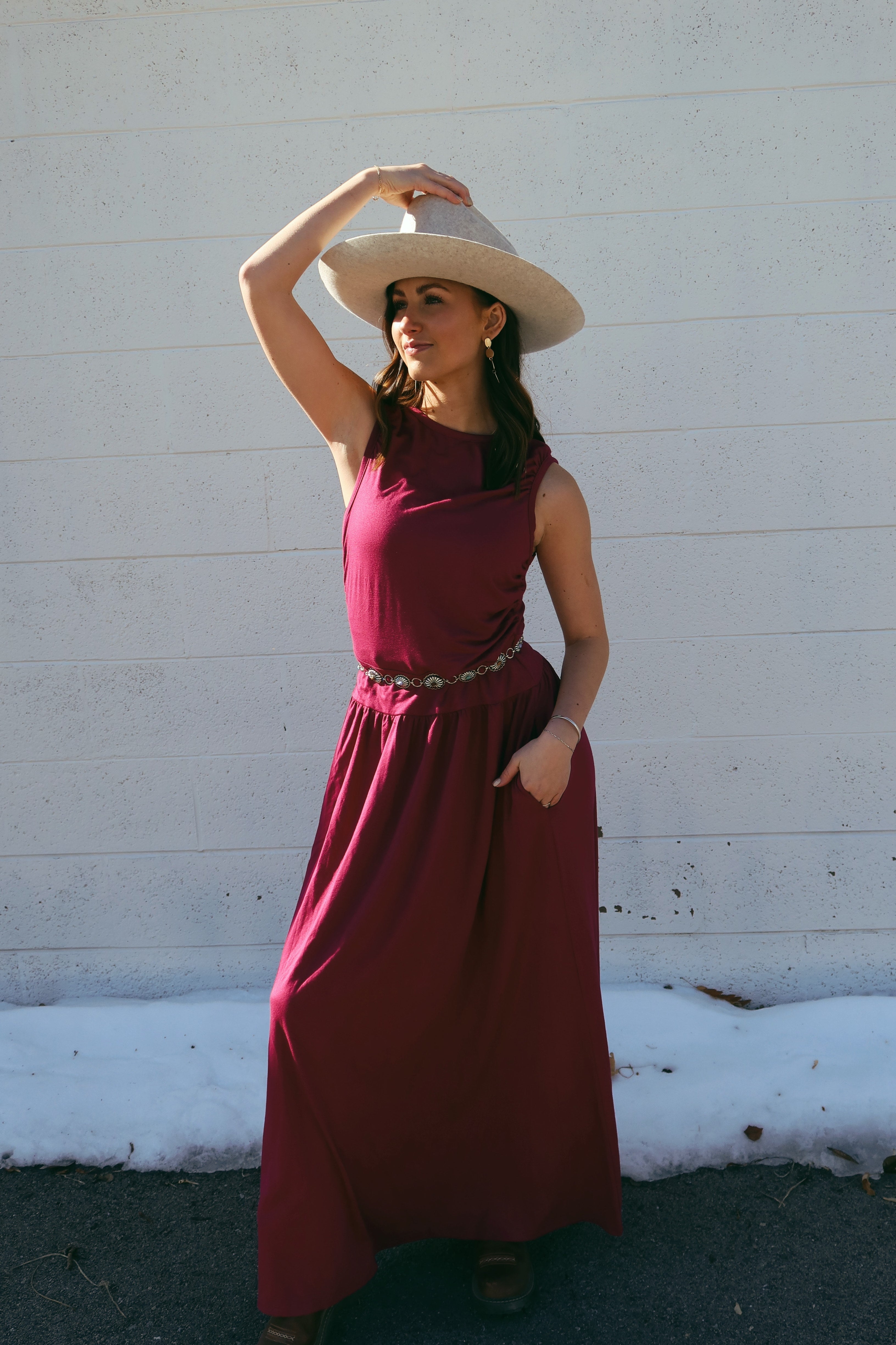 Luxuii Casual Crewneck Pleated Flowy Long Dress with Pockets