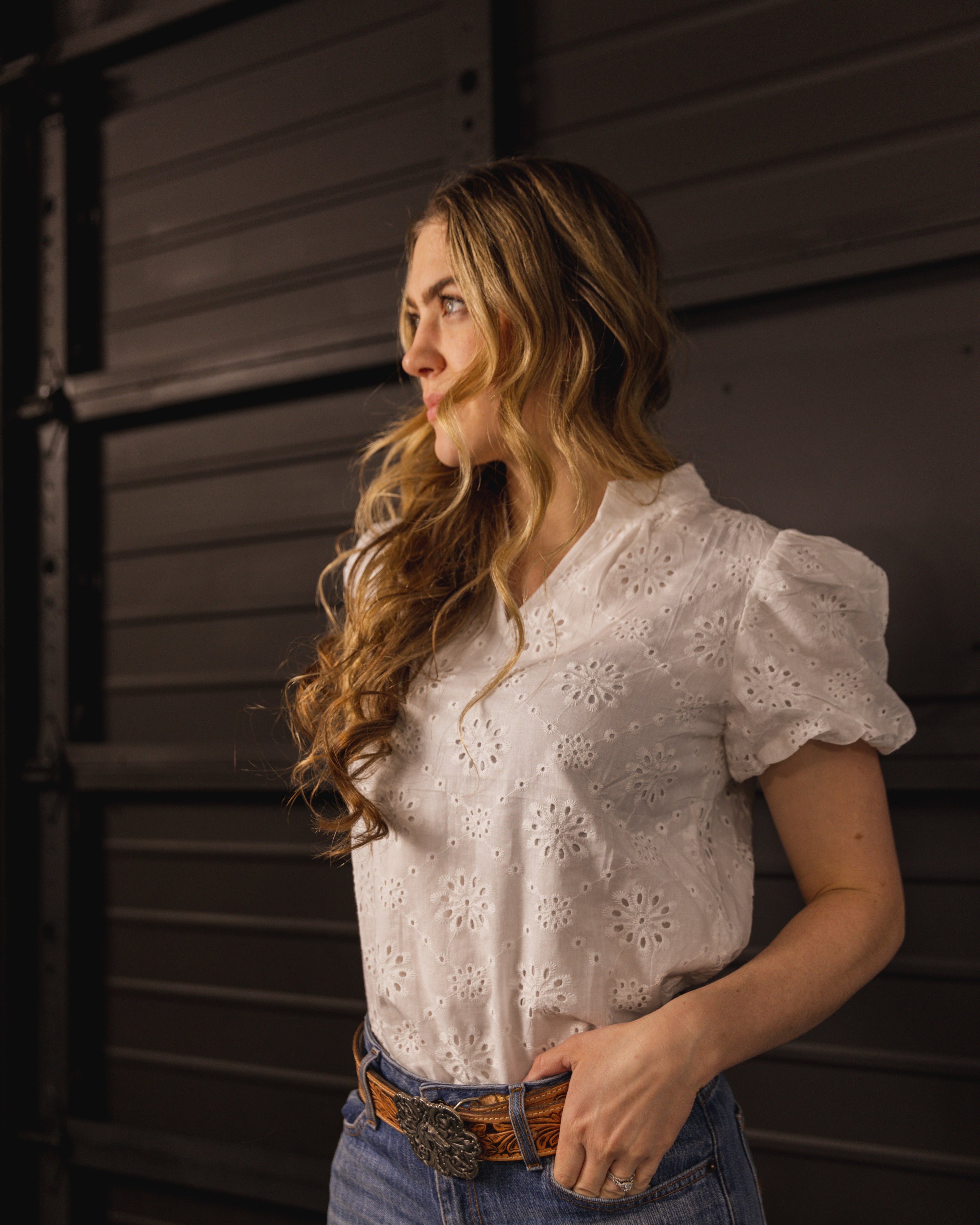 Luxuii V Neck Casual Hollow Out Lace Embroidered Blouse Tops